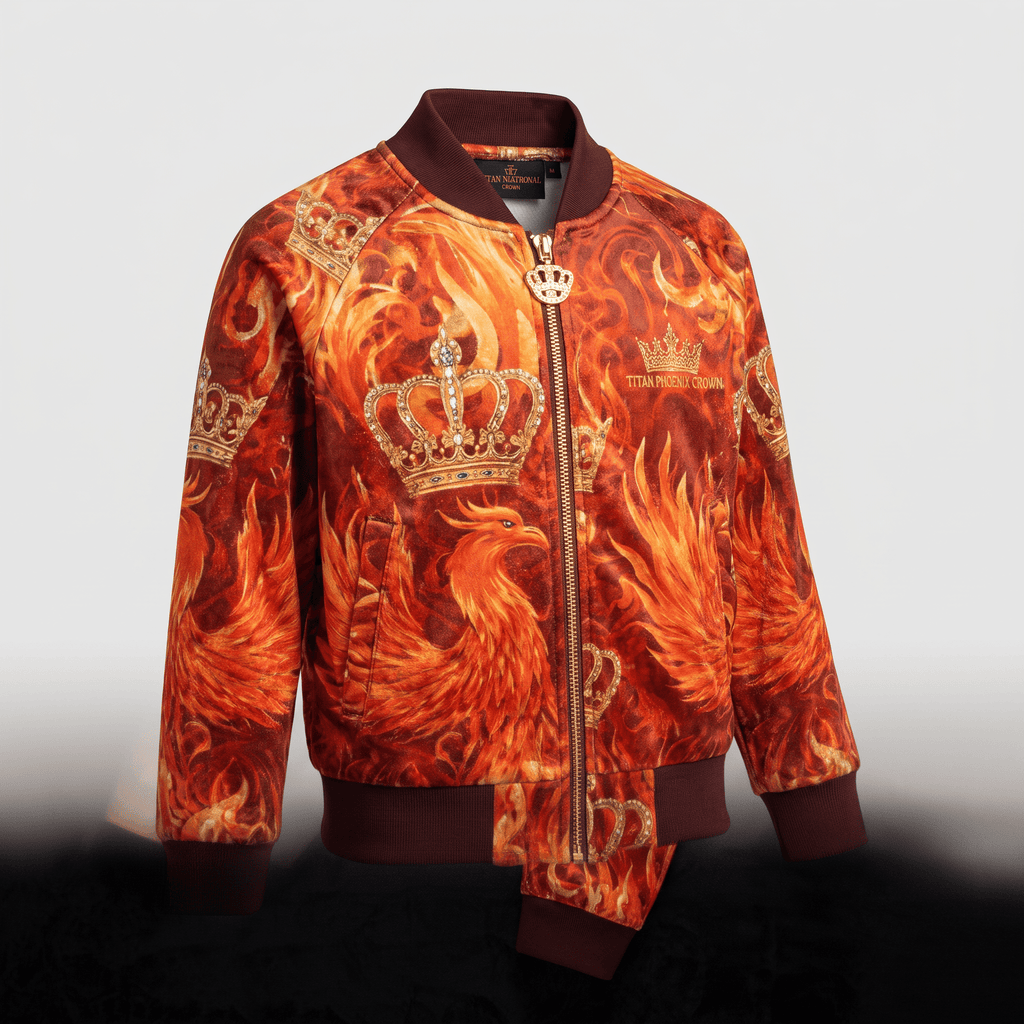 Red and orange bomber jacket featuring a phoenix and crown print with brown ribbed trim and a crown zipper pull.