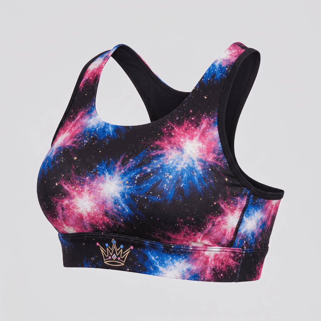 Black sports bra featuring a vibrant pink and blue galaxy print with a small crown logo on the underband.
