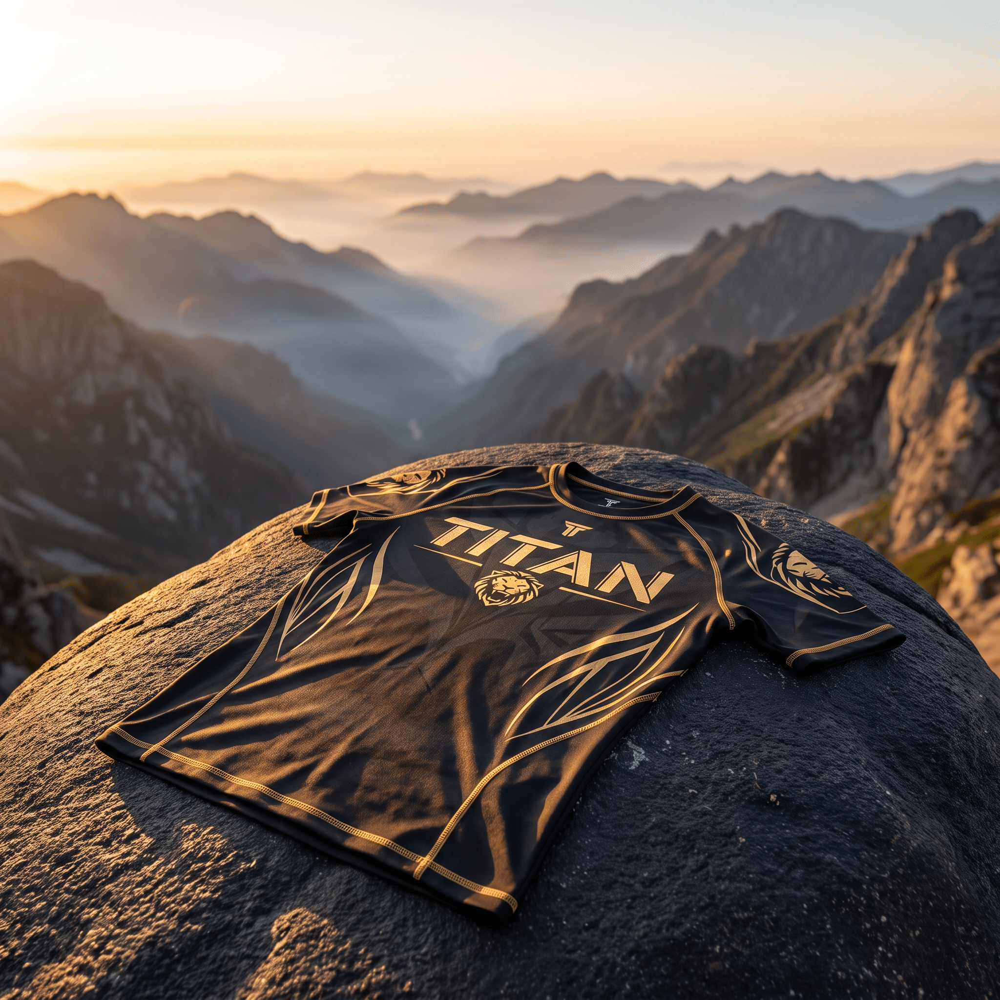 Black athletic t-shirt with gold lion logo and Titan branding, displayed on a rock overlooking a mountain sunset.