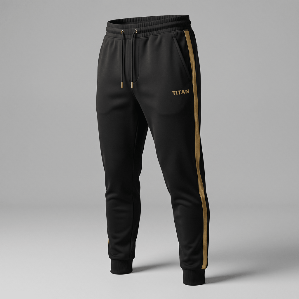 Black athletic joggers with gold side stripes, drawstring waistband, and Titan logo against a gray background.