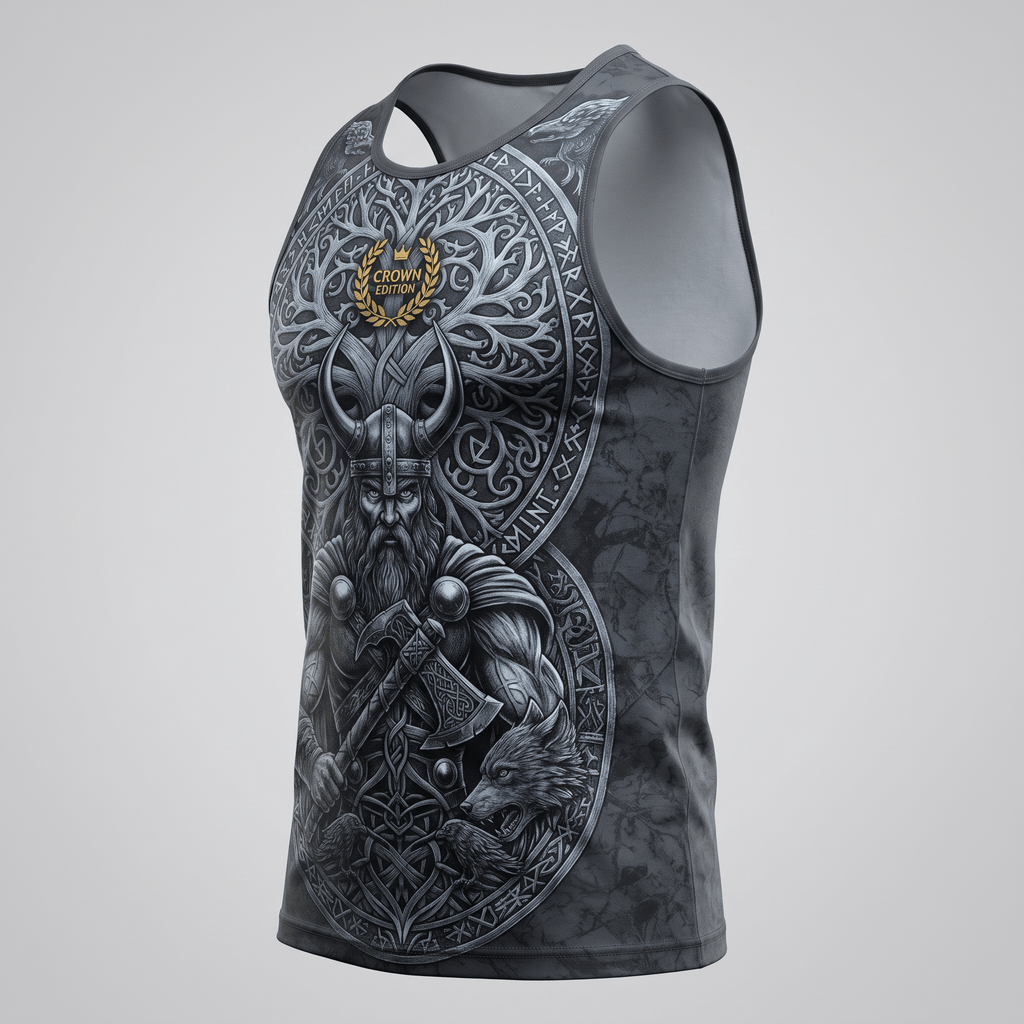 Gray Viking tank top featuring a horned warrior, wolf, and Norse rune circle graphic print.