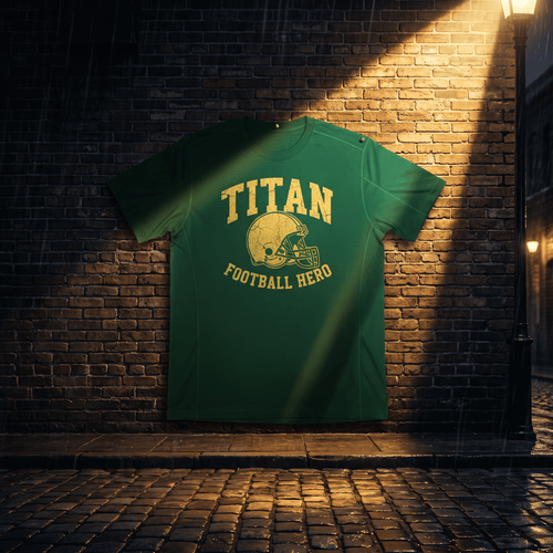 Green performance t-shirt with yellow distressed "TITAN FOOTBALL HERO" text and football helmet graphic.