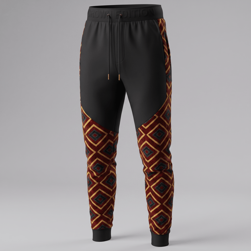 Black joggers featuring a geometric diamond pattern in red, gold, and grey on the lower legs and sides.