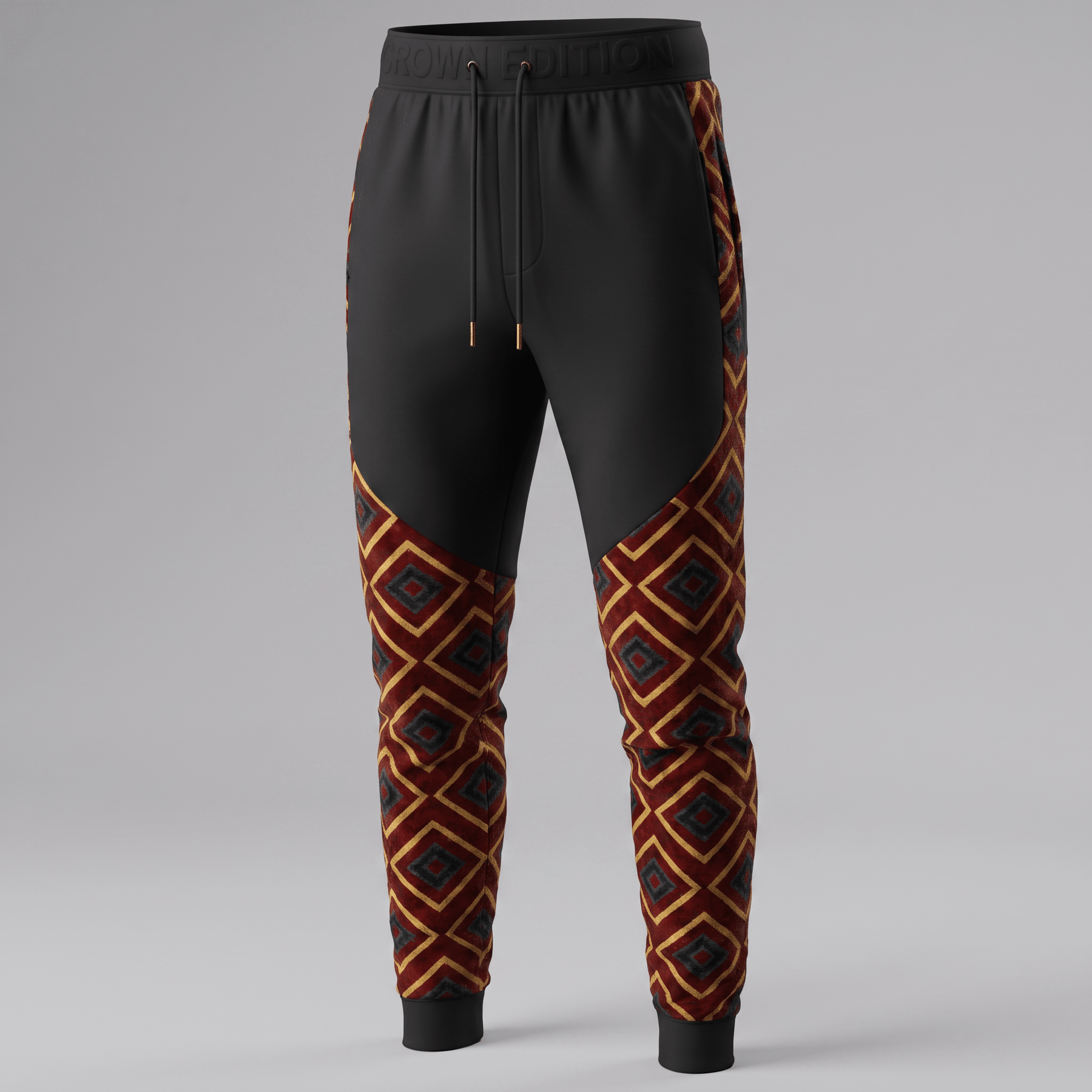 Black joggers featuring a geometric diamond pattern in red, gold, and grey on the lower legs and sides.