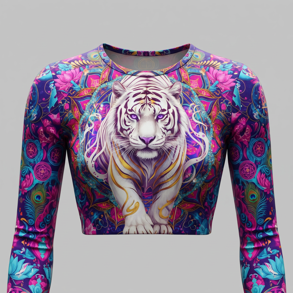 Long-sleeve crop top featuring a white tiger graphic on vibrant purple and pink mandala pattern.