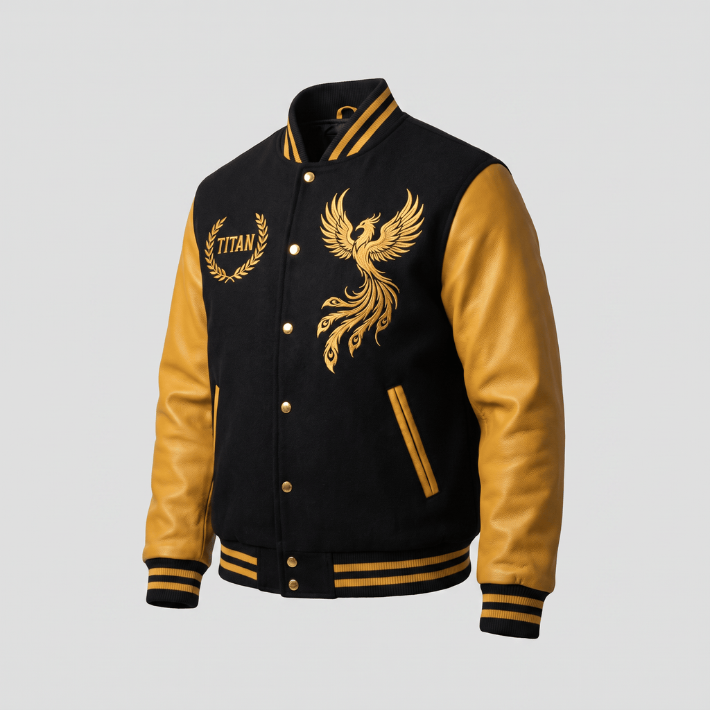Black and gold varsity jacket with leather sleeves, Titan text, and phoenix embroidery on a light background.