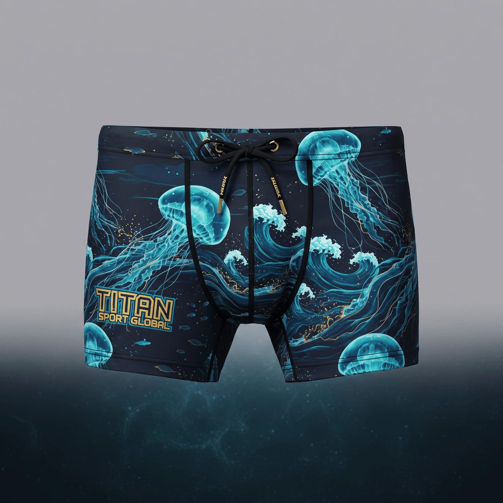 Titan Sport Global swim trunks in dark blue with glowing jellyfish and ocean waves graphic print.