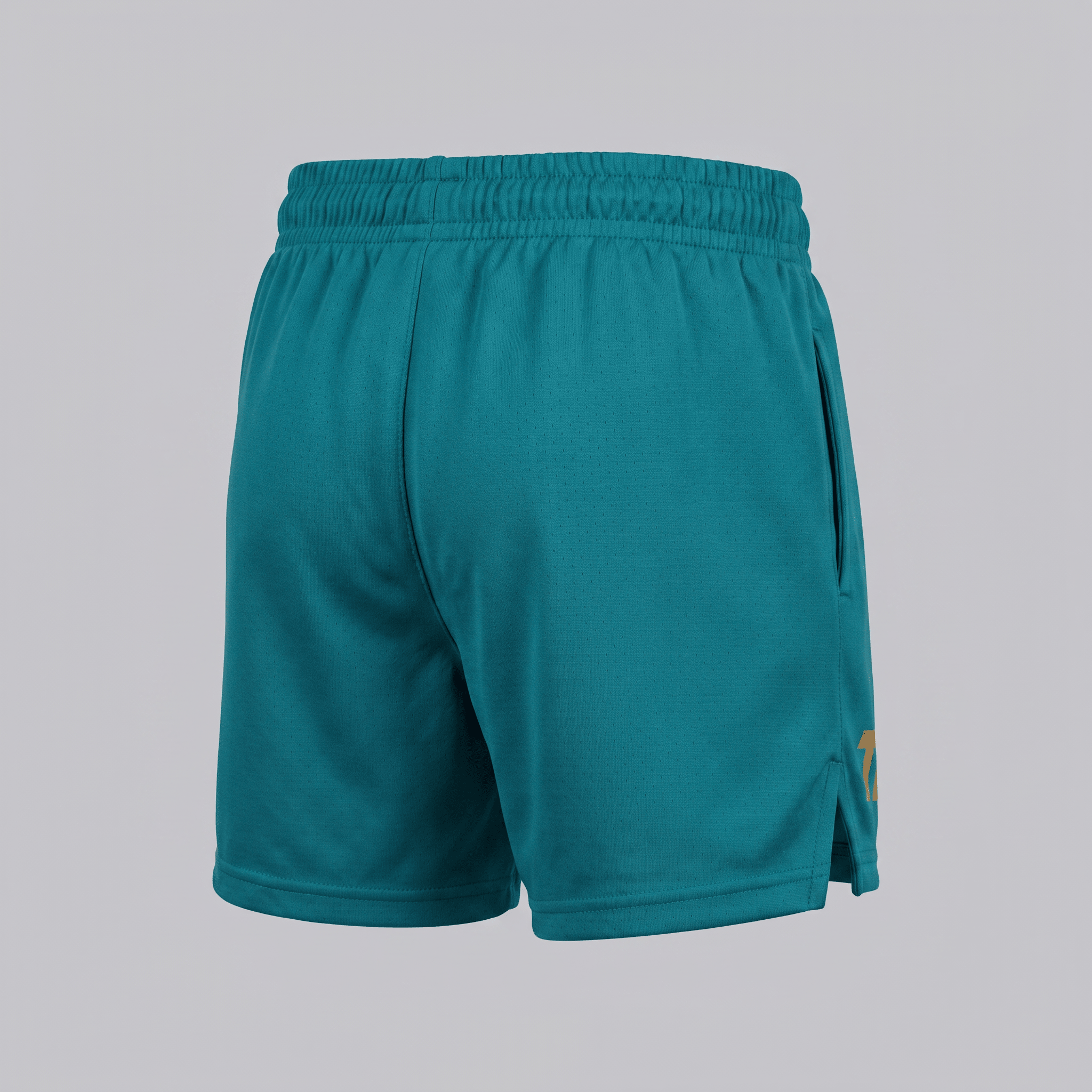 Teal athletic shorts seen from the back, featuring an elastic waistband and gold logo detail.