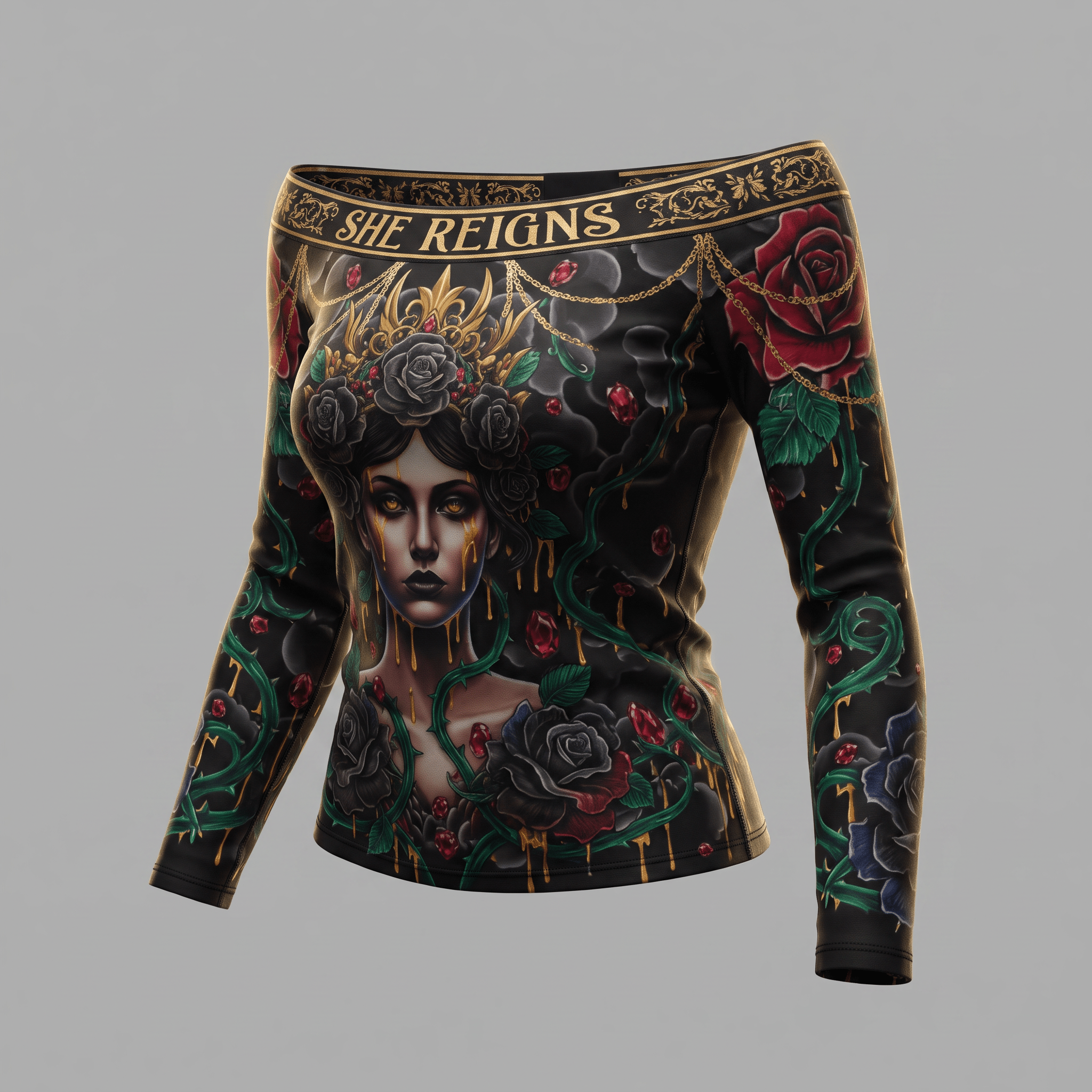 Black long-sleeve off-shoulder top featuring a She Reigns queen graphic, roses, and gold chains.