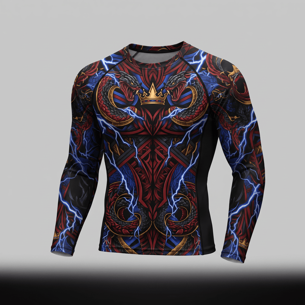 Long-sleeve rash guard featuring a red, black, and blue graphic of intertwined snakes, a crown, and lightning.