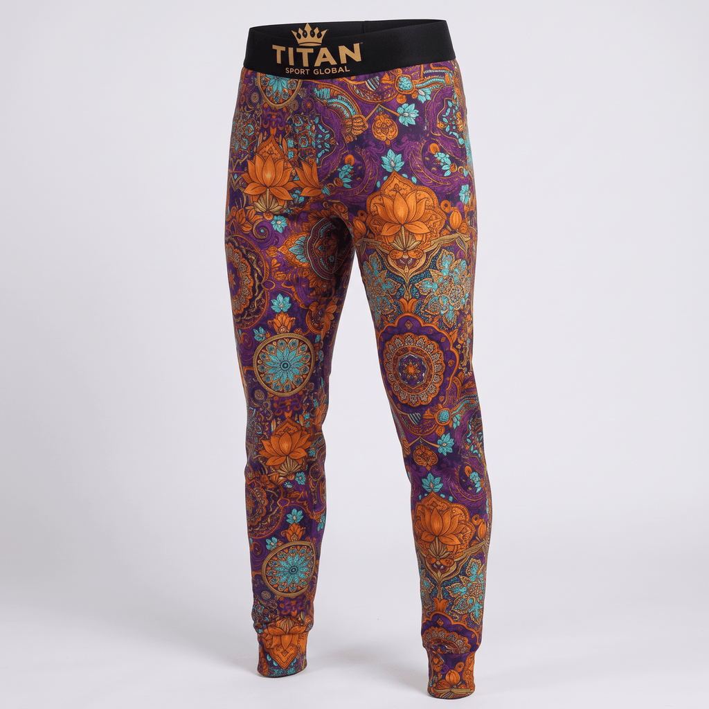 Titan Sport Global athletic leggings featuring an intricate purple, orange, and blue mandala and floral print.