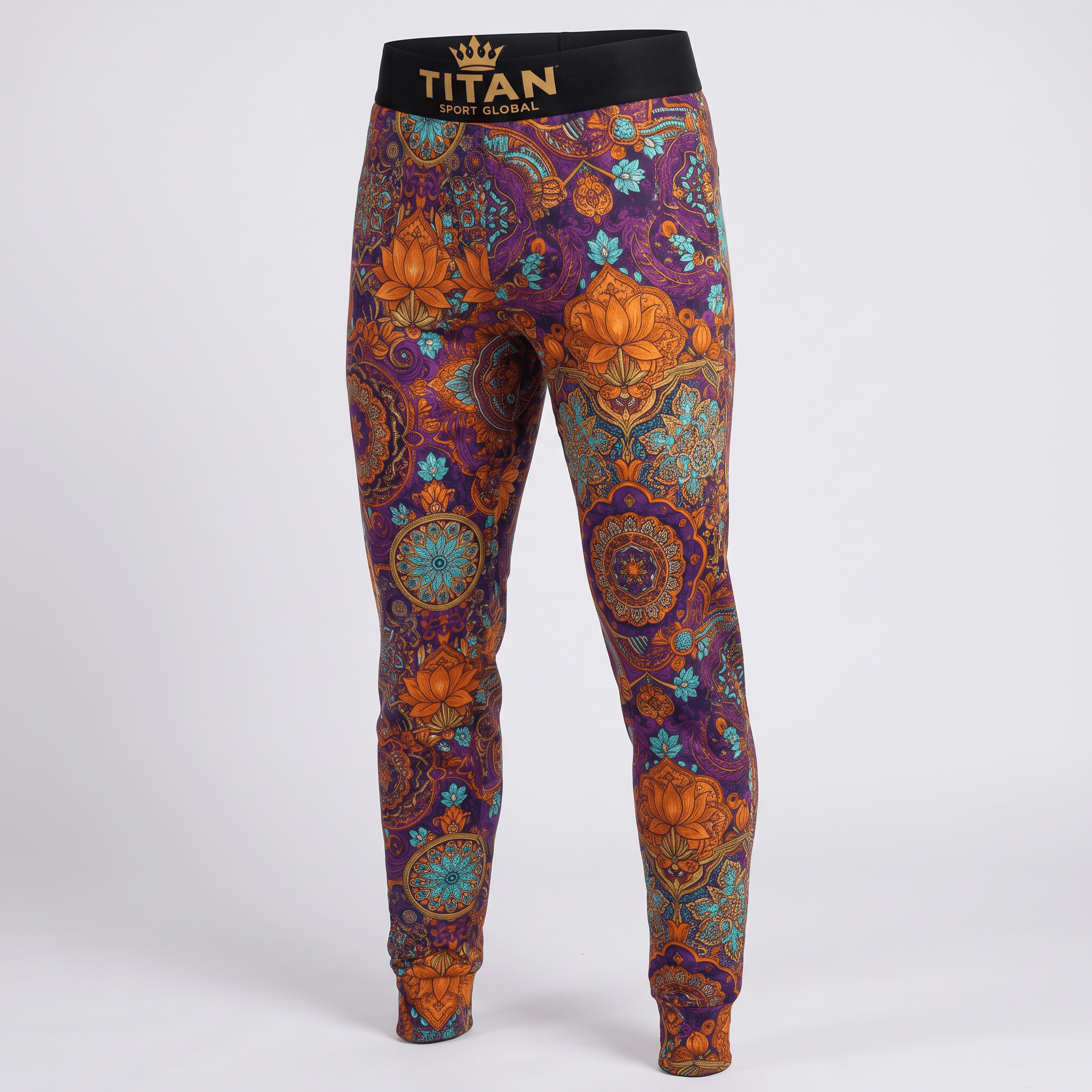 Titan Sport Global athletic leggings featuring an intricate purple, orange, and blue mandala and floral print.