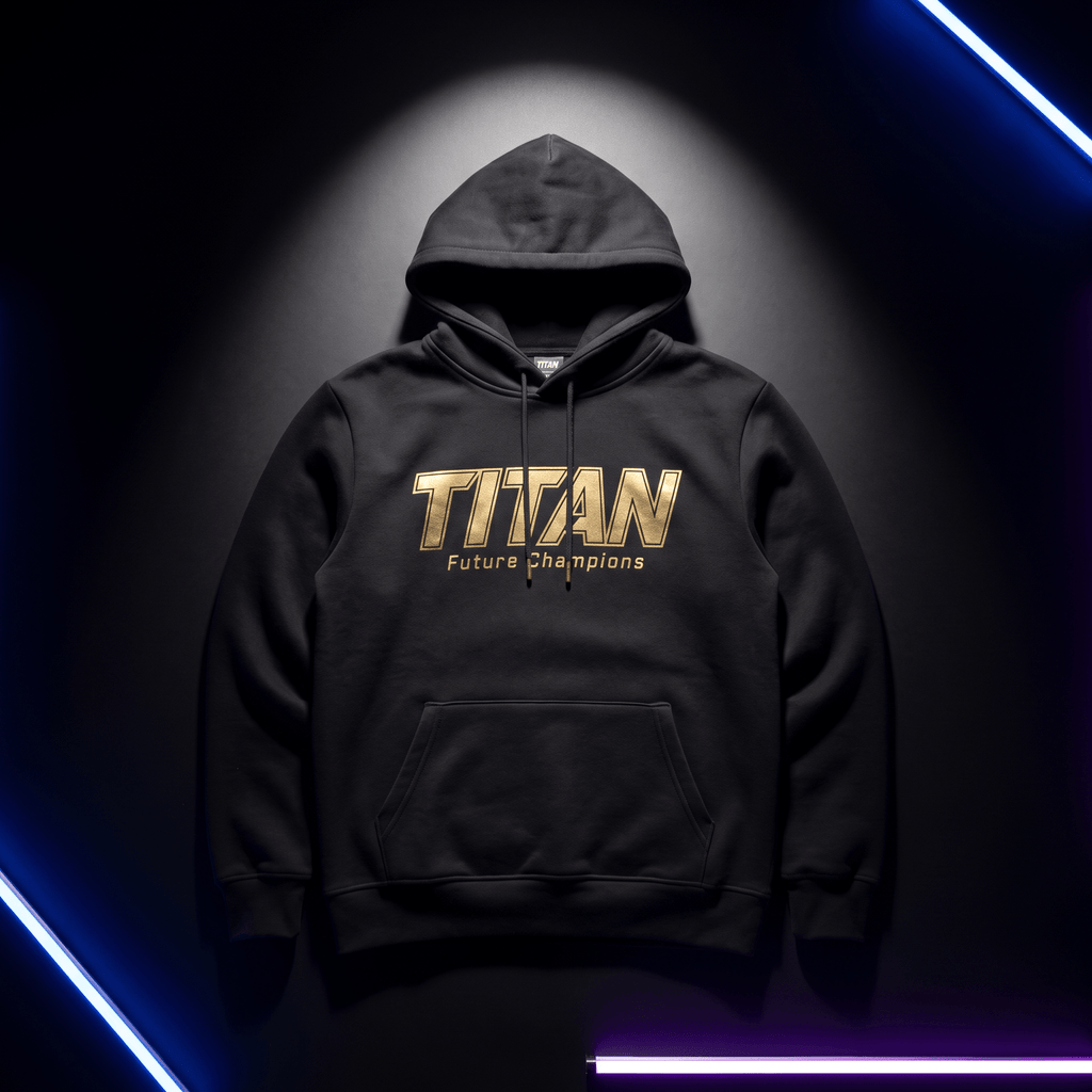 Black hooded sweatshirt featuring gold "TITAN Future Champions" text against a dark background with neon blue accents.