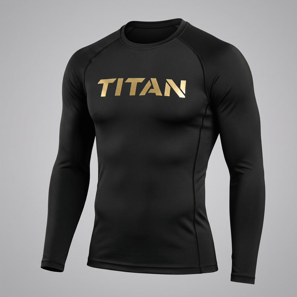 Black long-sleeve compression rash guard with gold TITAN logo on chest.