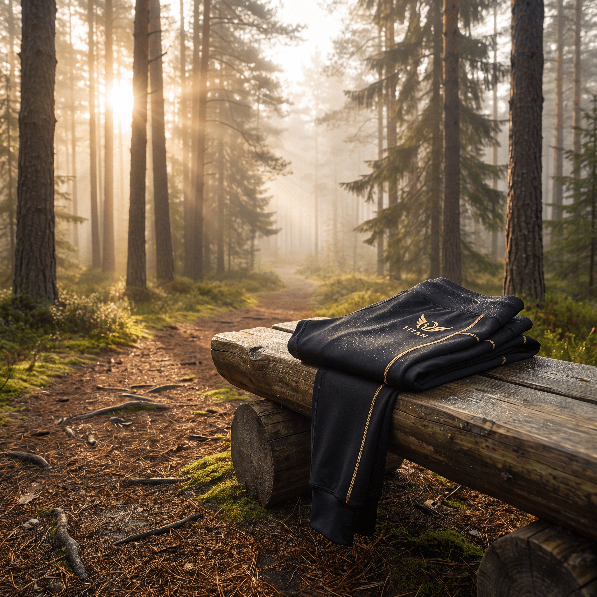 Folded black athletic leggings with gold Titan logo and stitching, resting on a rustic wooden bench in a sunlit forest.