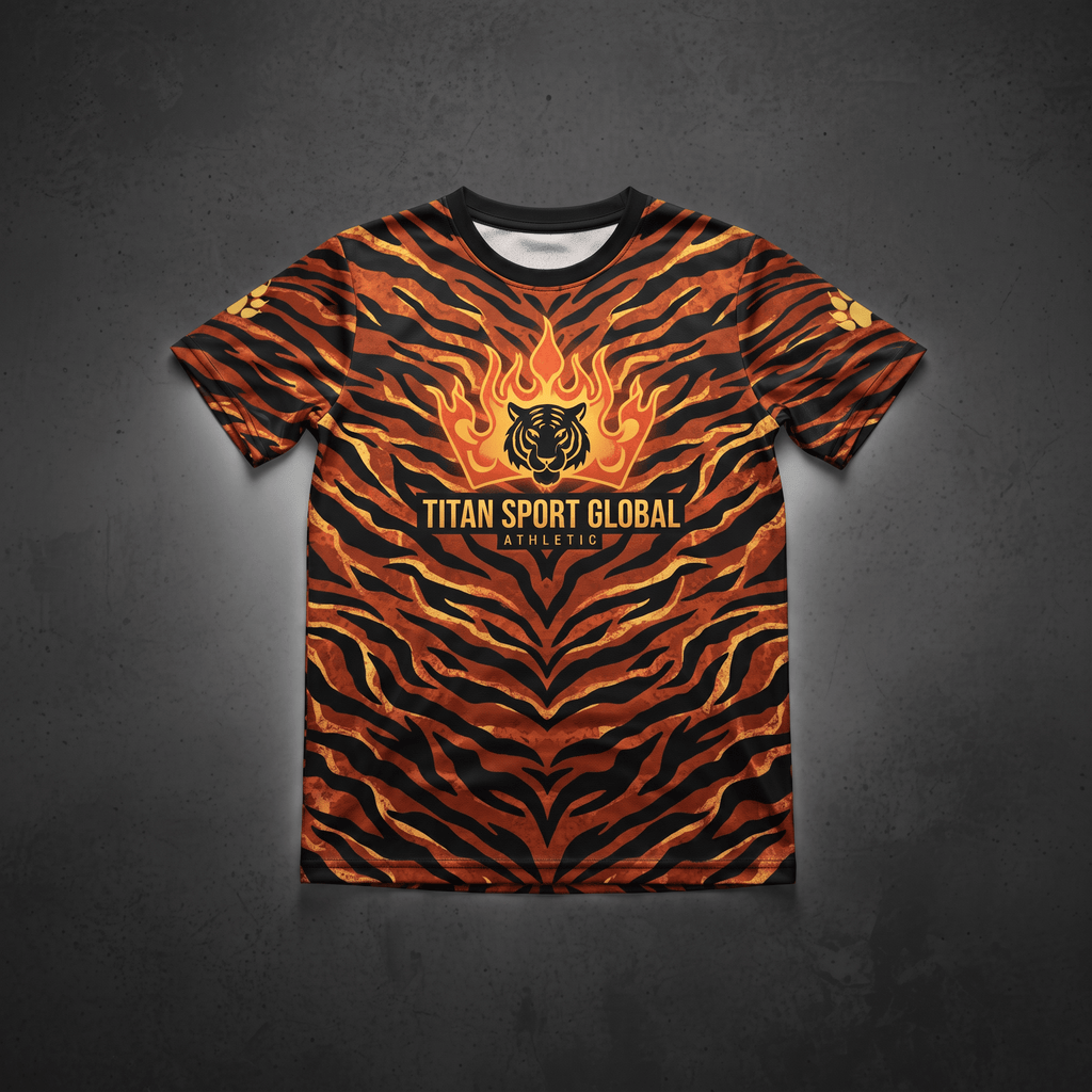 Orange and black tiger stripe t-shirt with Titan Sport Global Athletic tiger and flame logo.