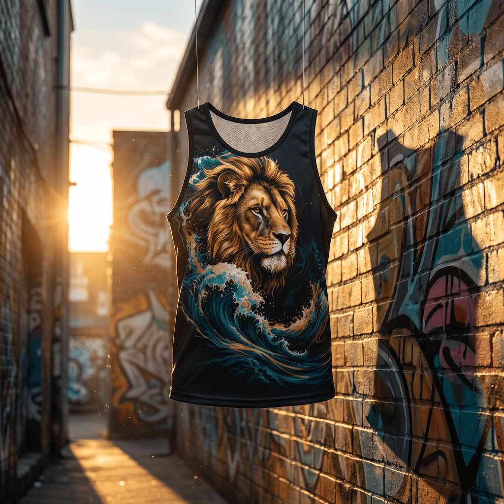 Black athletic tank top featuring a lion's head emerging from stylized blue and gold waves.