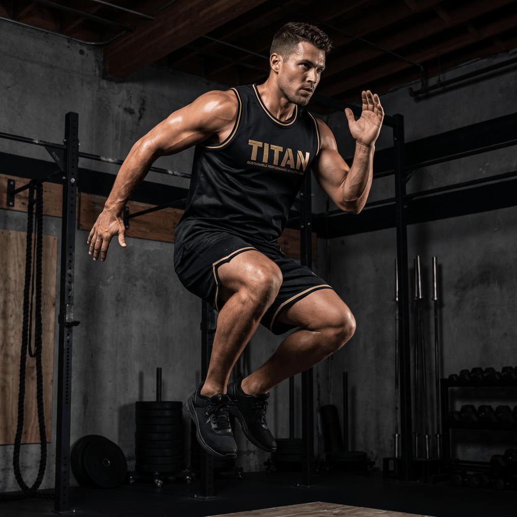 Male athlete jumping in a gym, wearing a black and gold TITAN recycled basketball jersey and matching shorts.