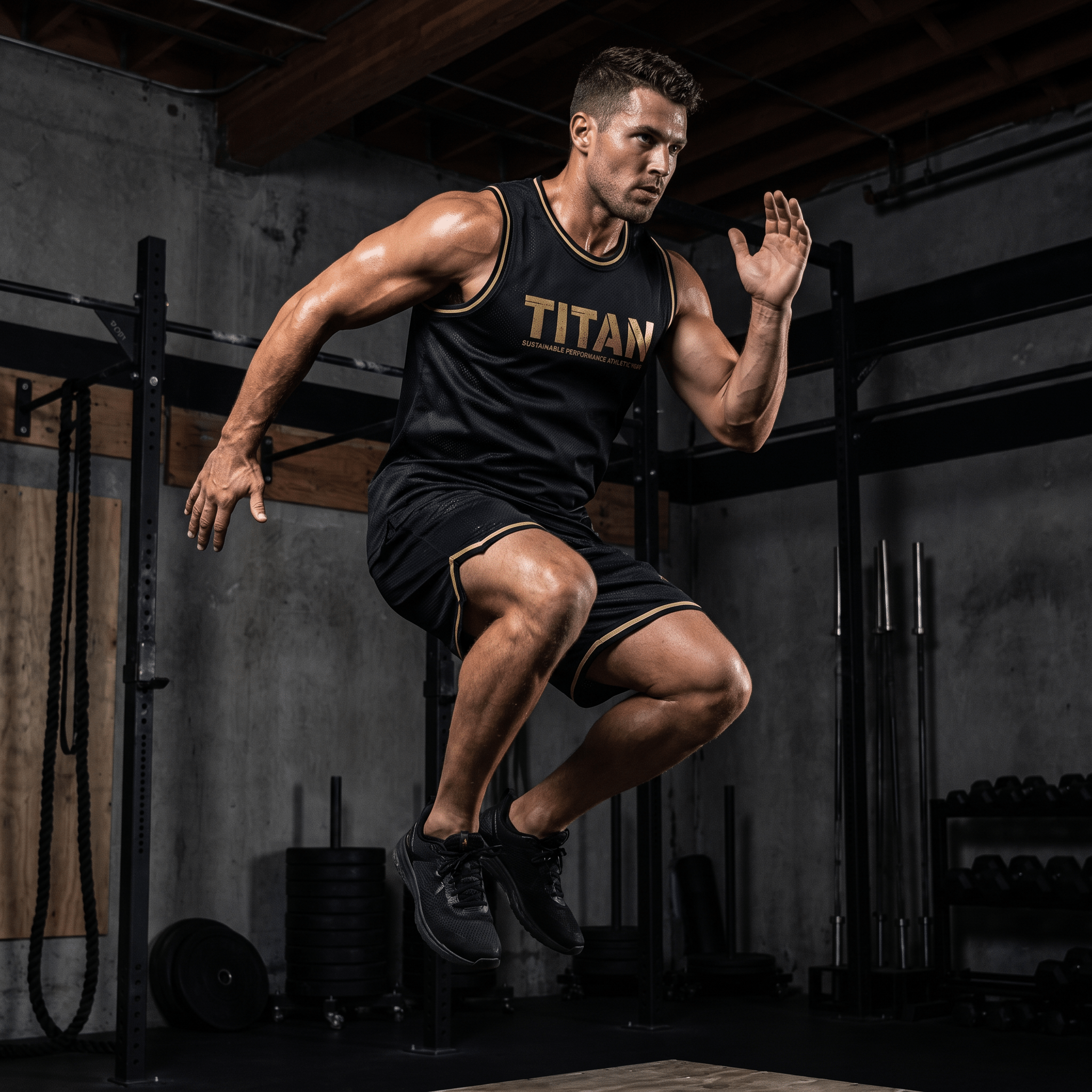 Male athlete jumping in a gym, wearing a black and gold TITAN recycled basketball jersey and matching shorts.