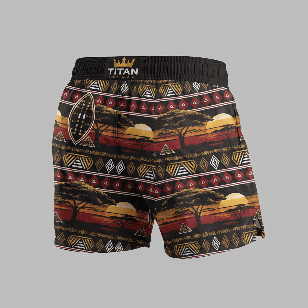 Titan Sport Global black athletic shorts with African sunset savanna print and tribal patterns.