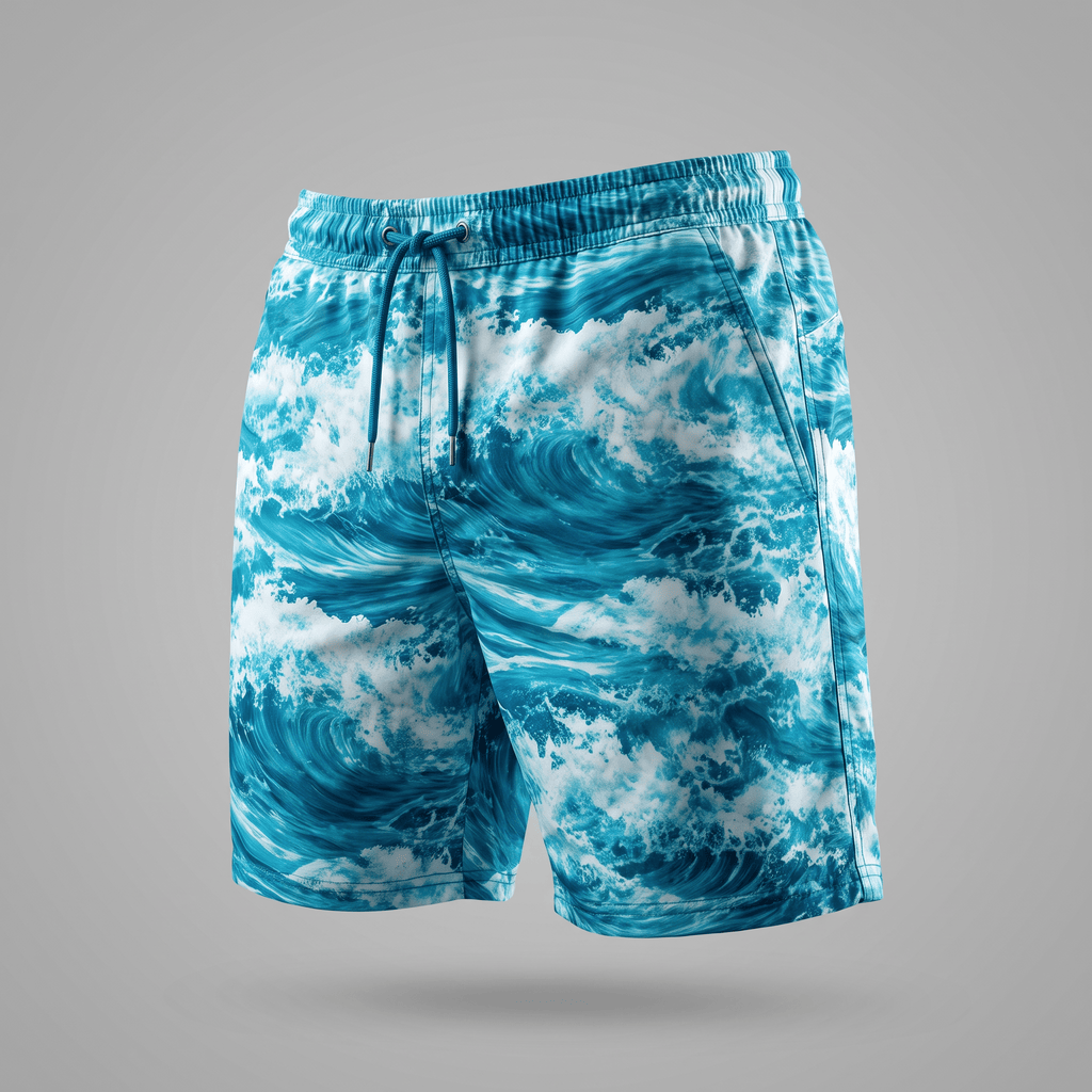 Blue and white ocean wave print swim trunks with an elastic drawstring waist.