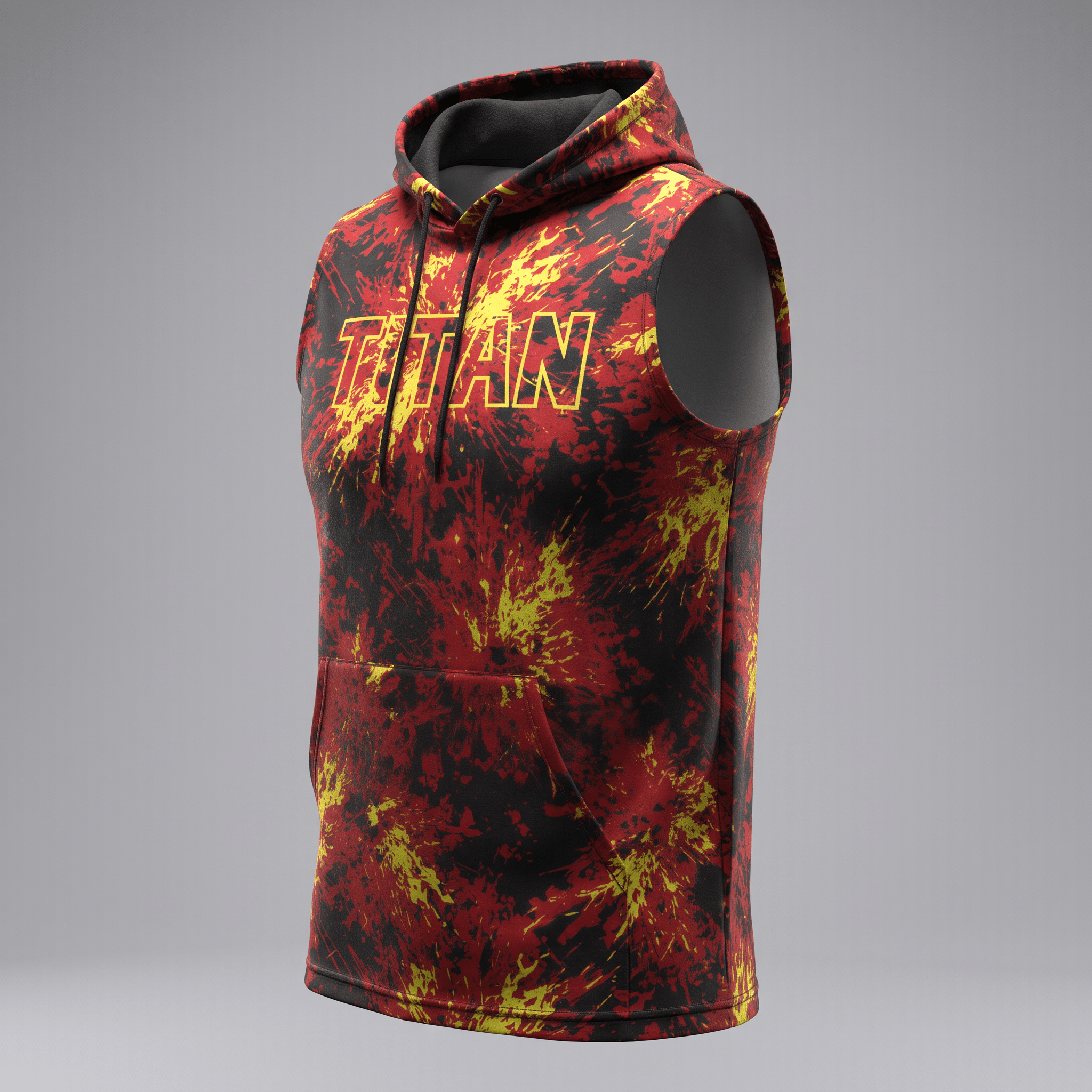 Red, black, and yellow paint-splatter sleeveless hoodie with Titan text on the front and a front pocket.