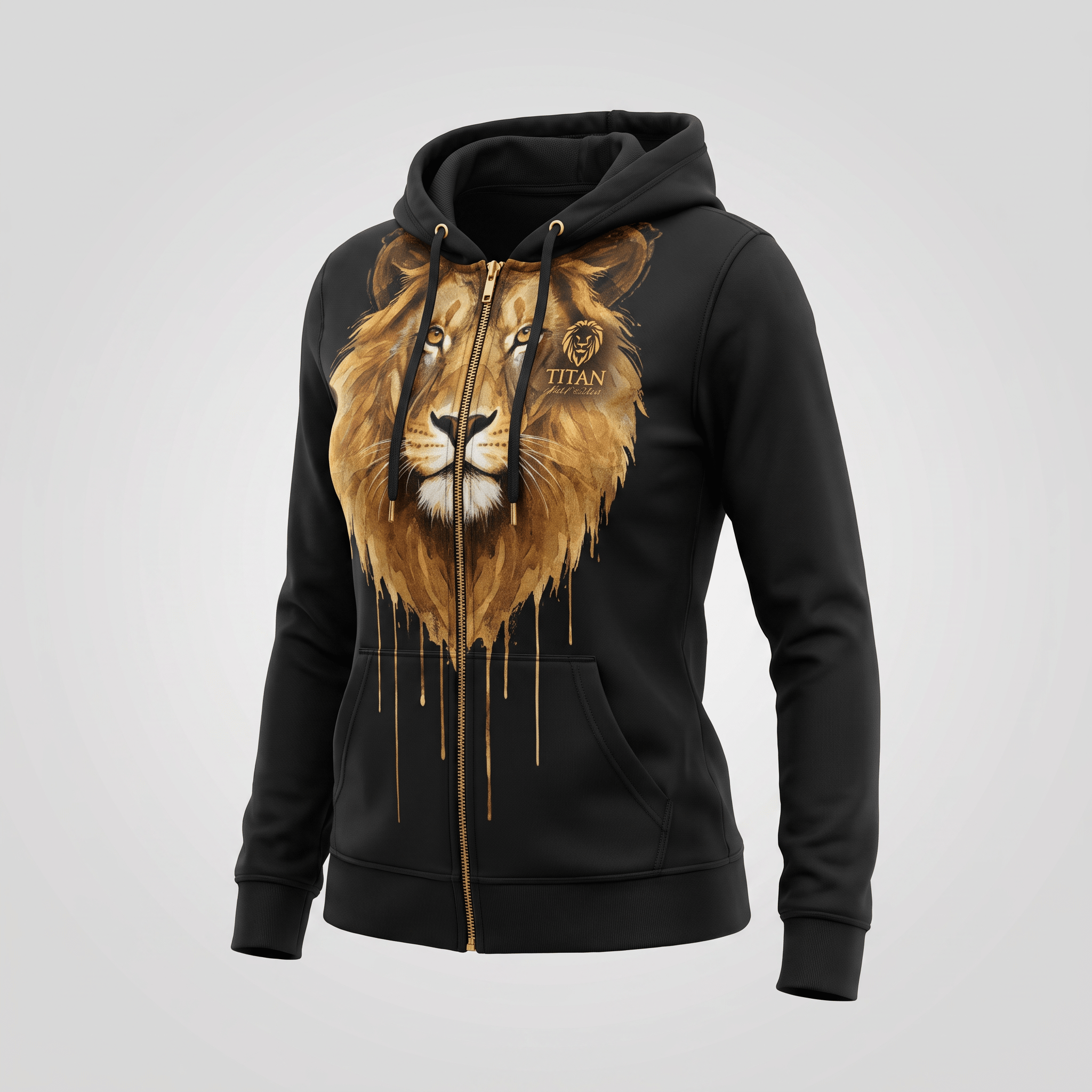 Black zip-up hoodie featuring a brown watercolor lion graphic with dripping paint details on the front.