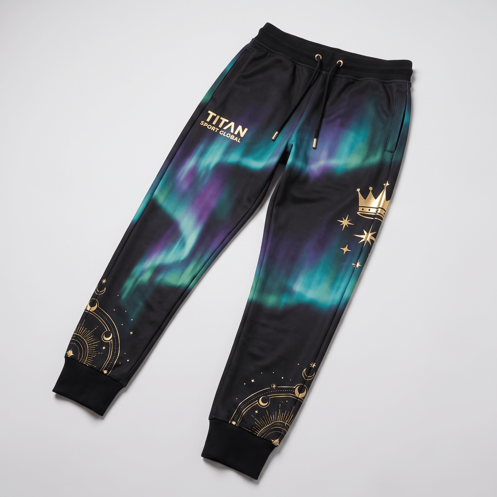 Black athletic joggers with a green and purple aurora borealis print and gold celestial graphics.