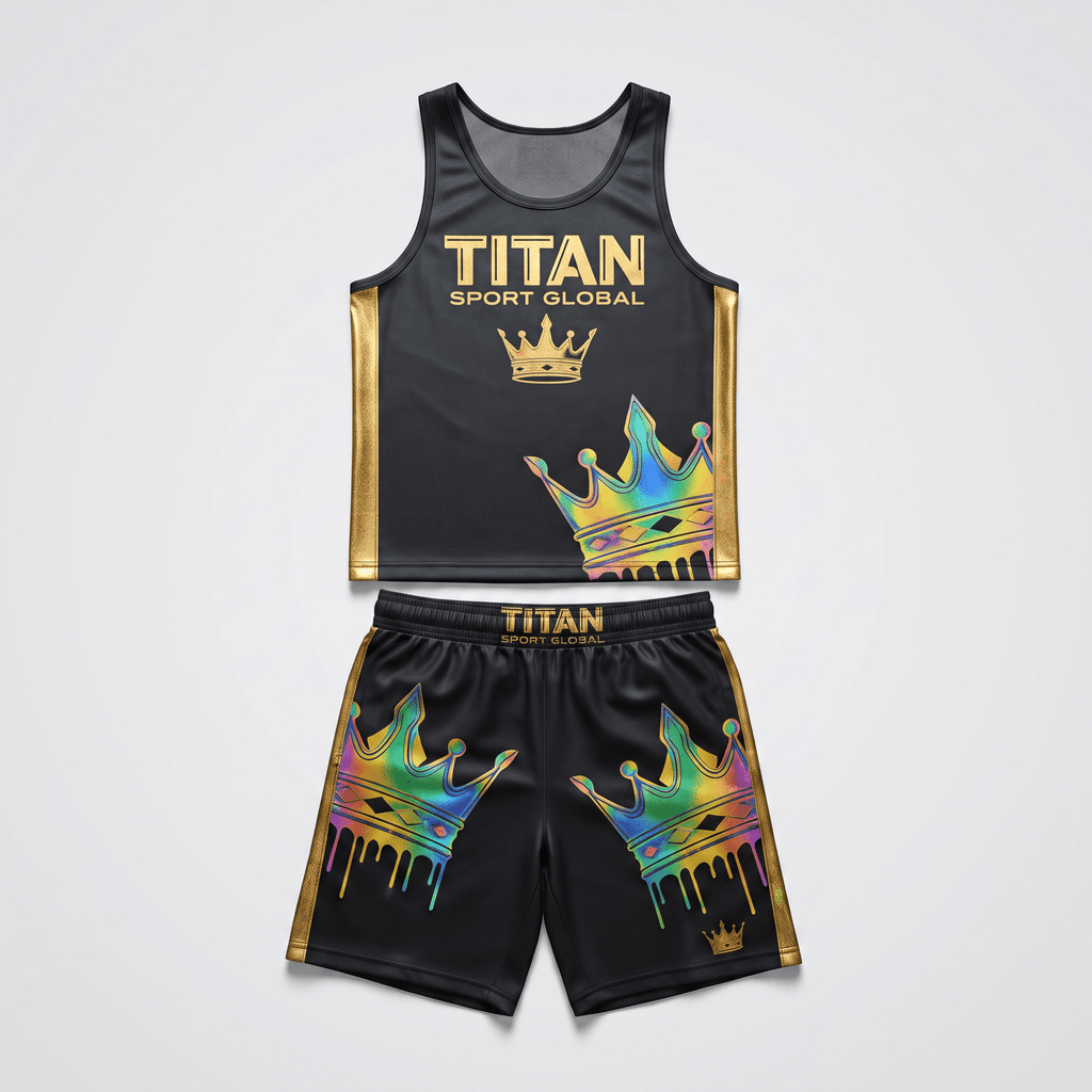 Black athletic tank top and shorts set with gold accents, Titan Sport Global text, and rainbow crown graphics.