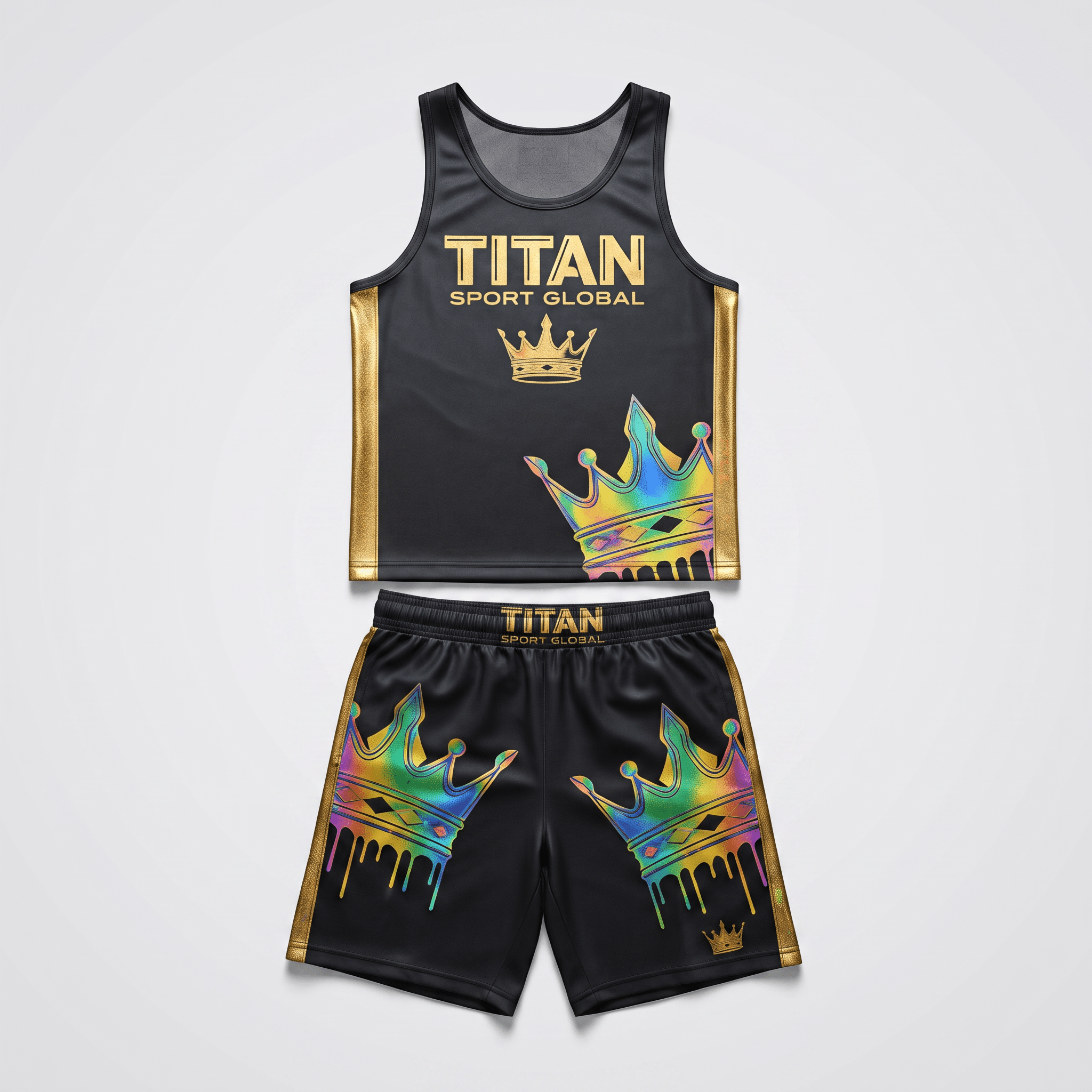 Black athletic tank top and shorts set with gold accents, Titan Sport Global text, and rainbow crown graphics.