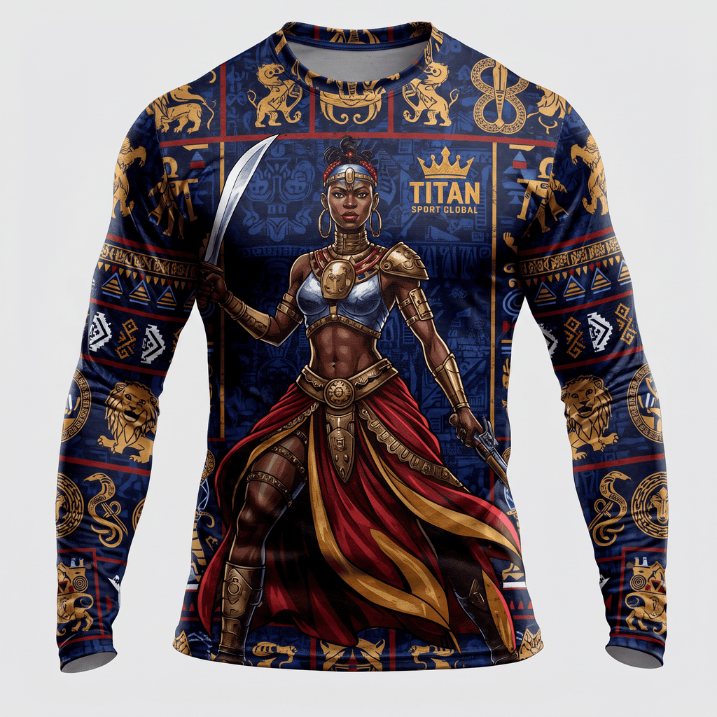 Blue and red long-sleeve compression shirt featuring a graphic of an ancient warrior queen with swords.