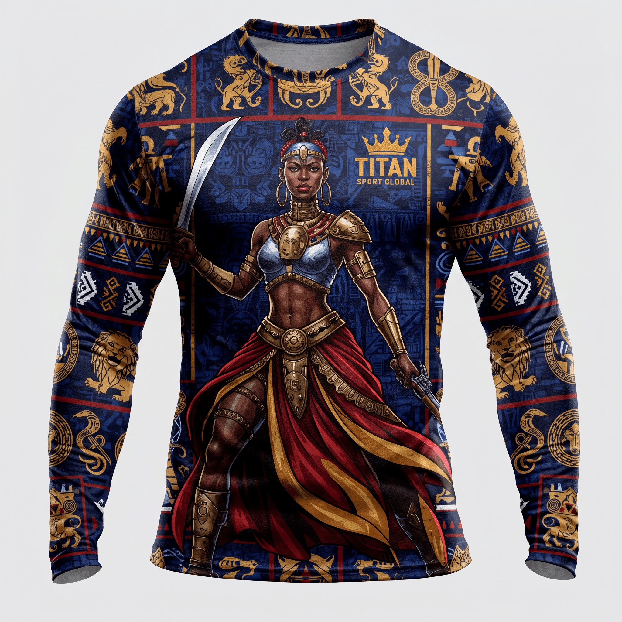 Blue and red long-sleeve compression shirt featuring a graphic of an ancient warrior queen with swords.