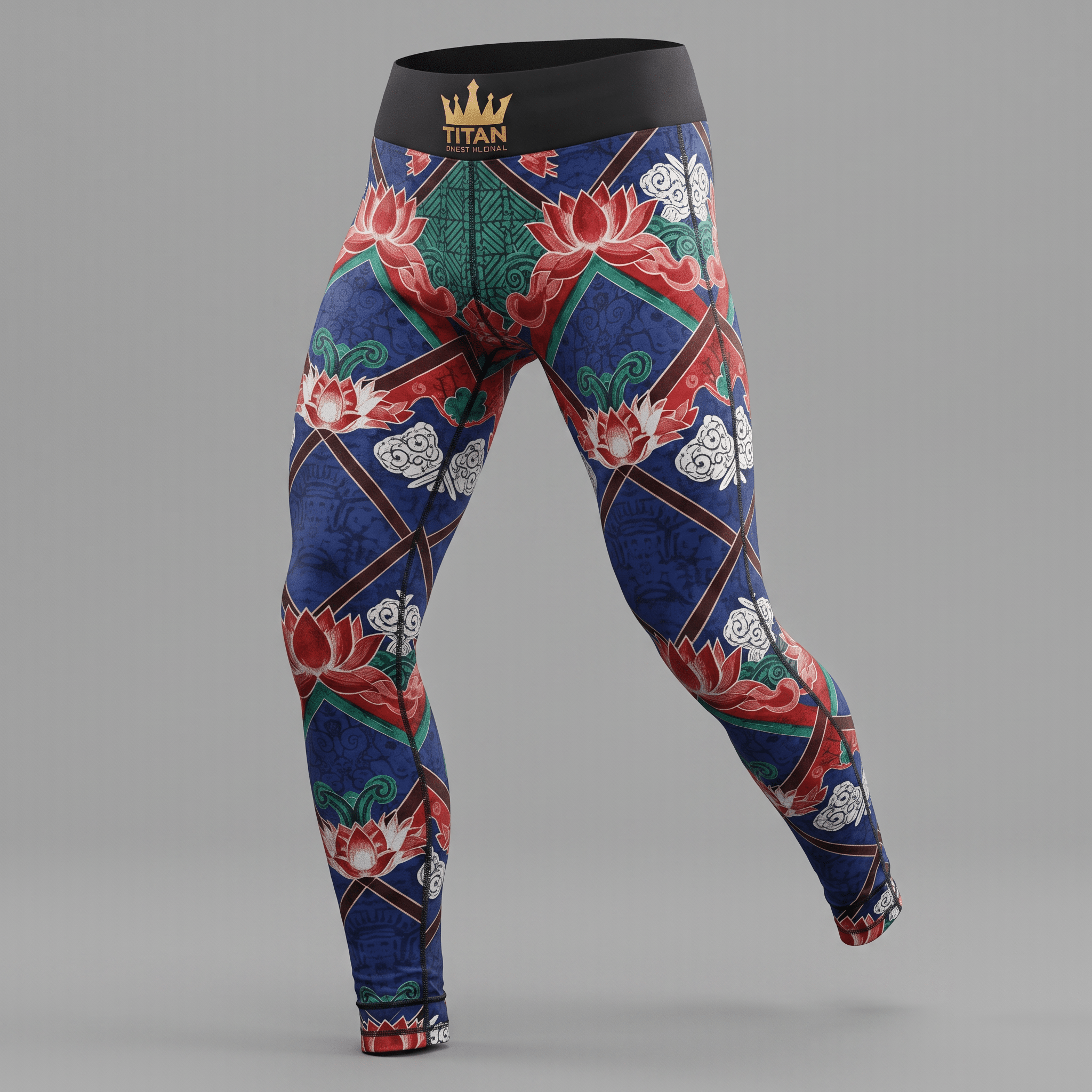 Blue athletic leggings featuring red lotus and cloud patterns with a black waistband.