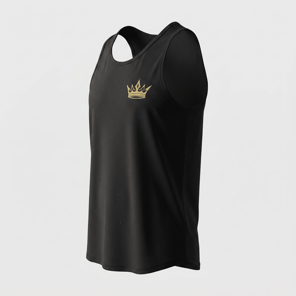 Black athletic tank top featuring a gold crown logo on the chest, viewed from the side on a light background.