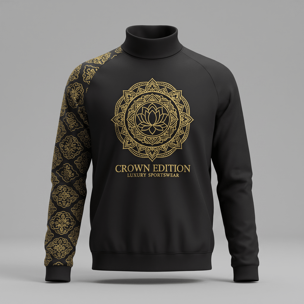 Black turtleneck sweater with gold lotus mandala graphic and patterned right sleeve on grey background.