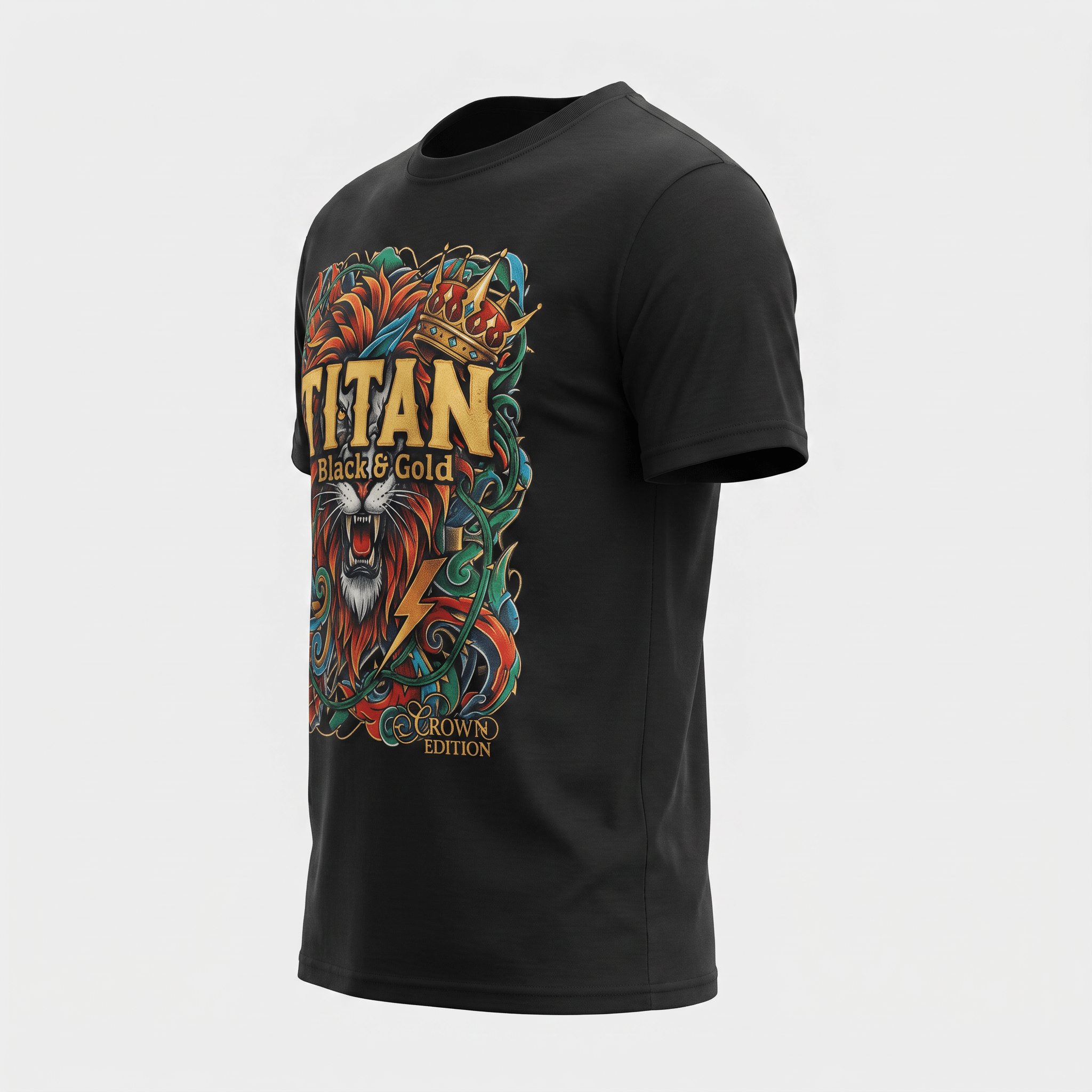 Black crewneck t-shirt featuring a colorful graphic of a roaring lion, crown, and Titan text.