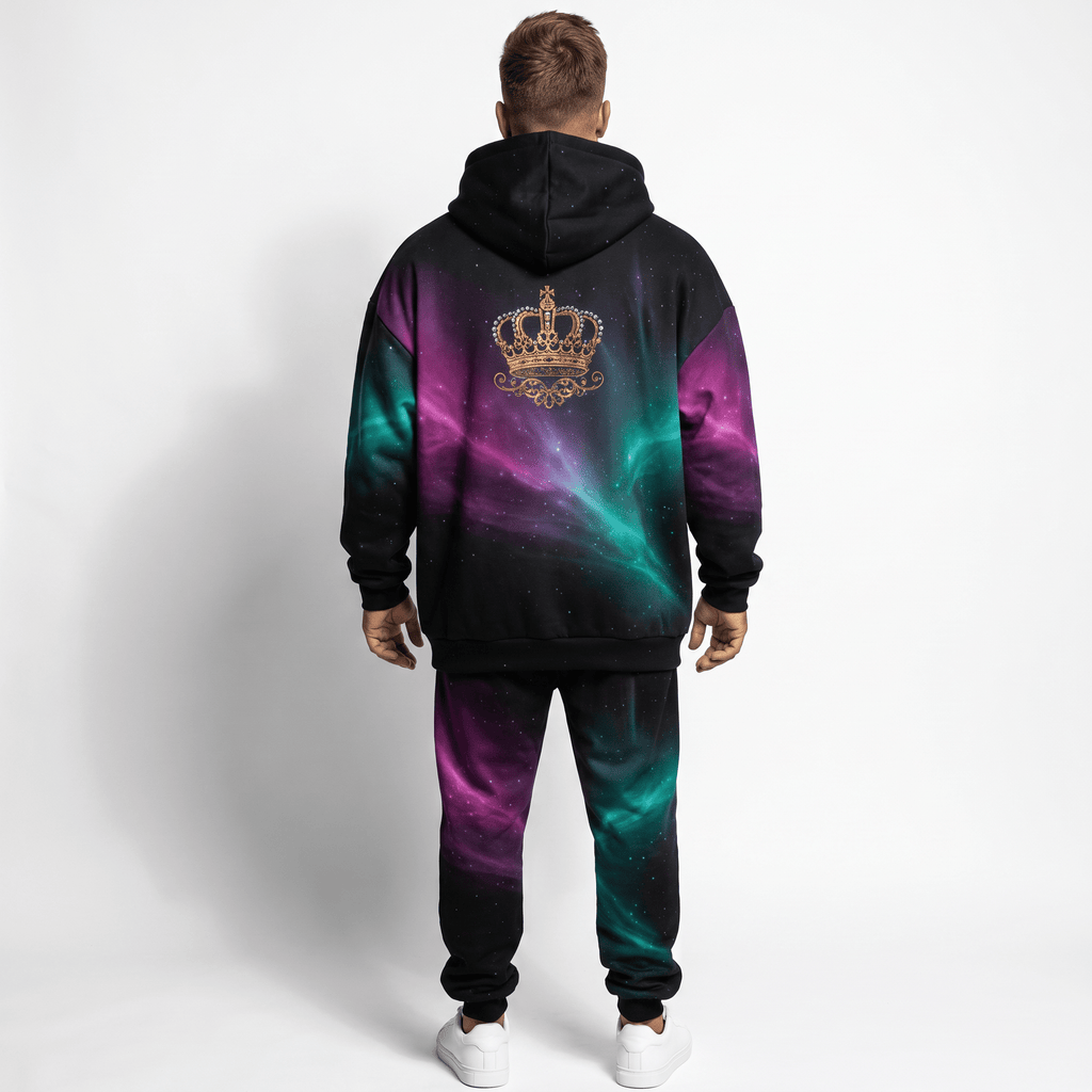 Man from behind wearing black hoodie and sweatpants with neon purple and turquoise nebula print and gold crown.