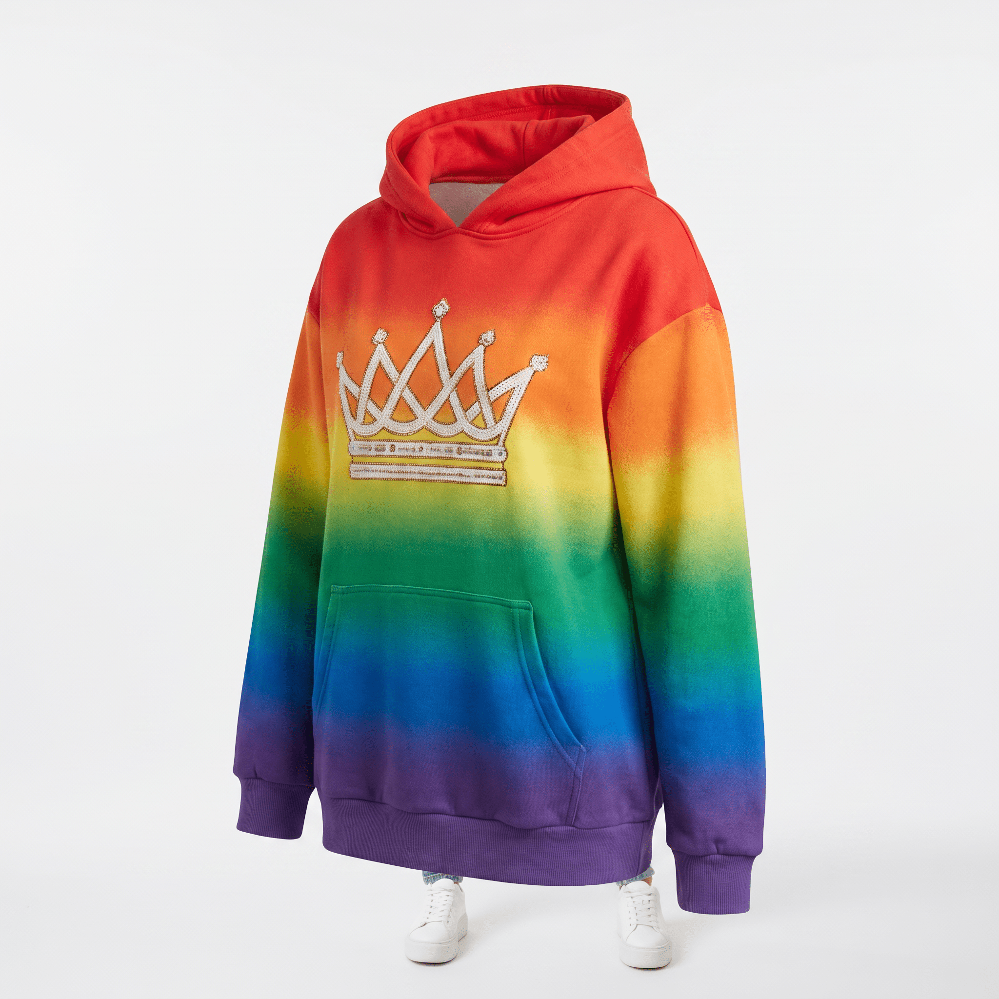 Rainbow ombre hoodie with a white jeweled crown graphic on the chest, featuring a front pocket.