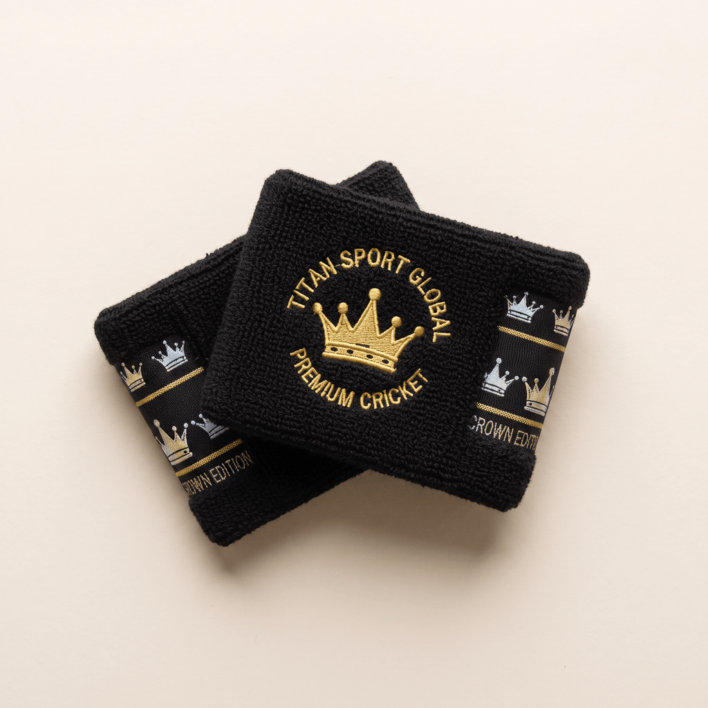 Two black athletic wristbands featuring gold embroidered Titan Sport Global Premium Cricket crown logos.