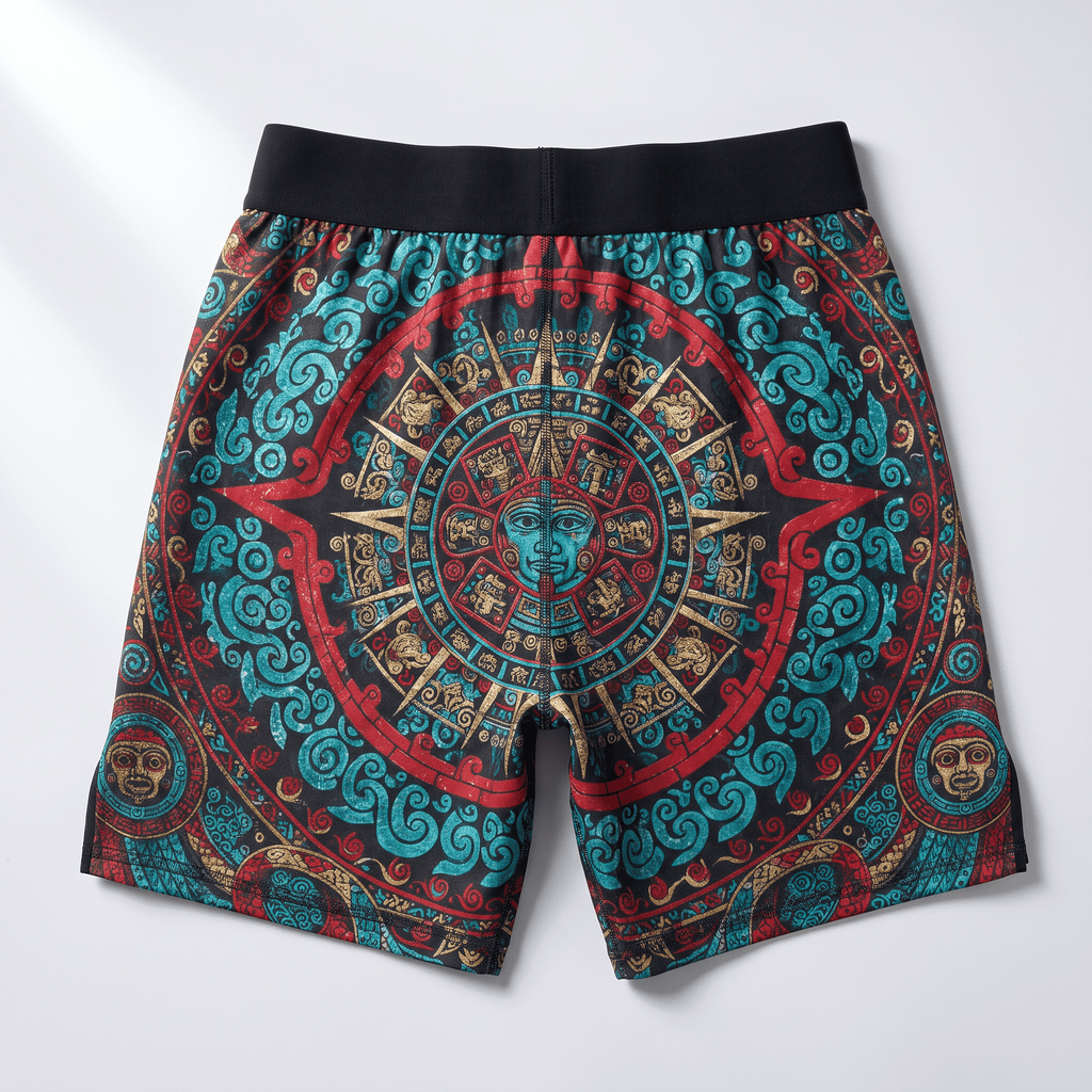 Black athletic shorts featuring a vibrant red, blue, and gold Aztec sun calendar and swirl pattern.