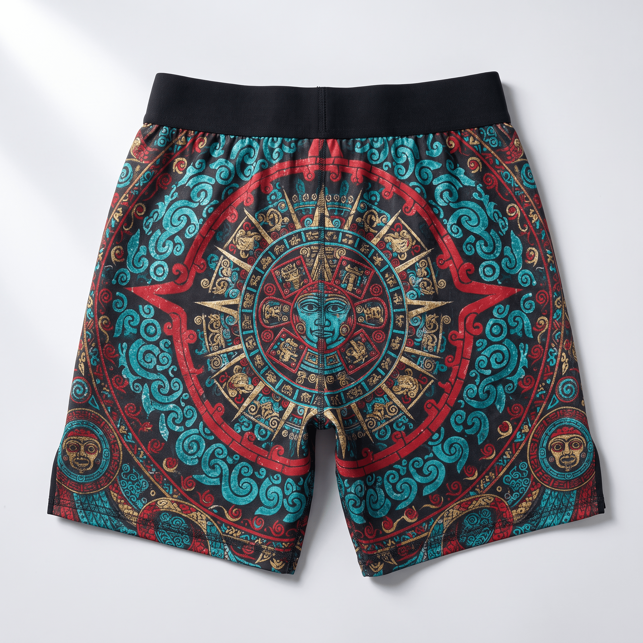Black athletic shorts featuring a vibrant red, blue, and gold Aztec sun calendar and swirl pattern.