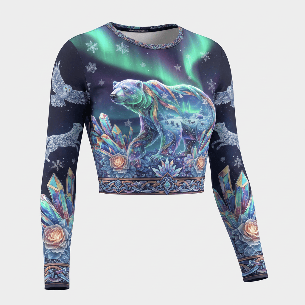 Long-sleeve crop top featuring a fantasy polar bear, northern lights, and crystal art in blue and purple.