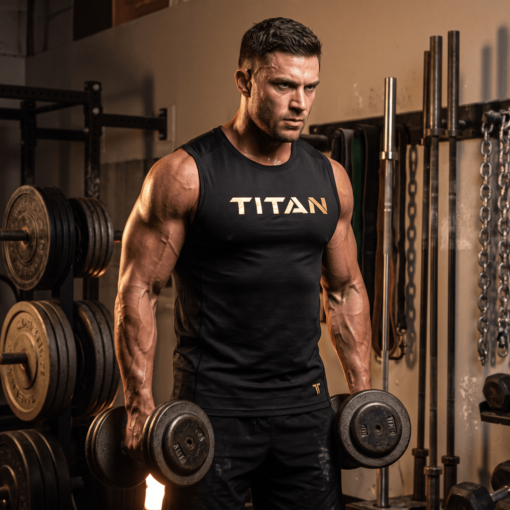 A muscular male athlete wearing a black sleeveless training vest holds dumbbells in a gym.