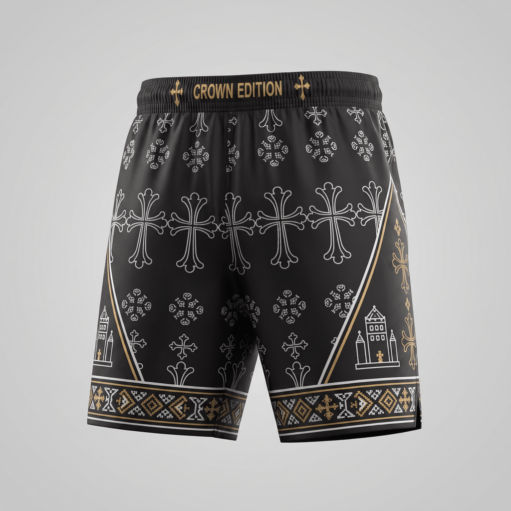 Black athletic shorts featuring a white cross pattern and gold Crown Edition waistband text.