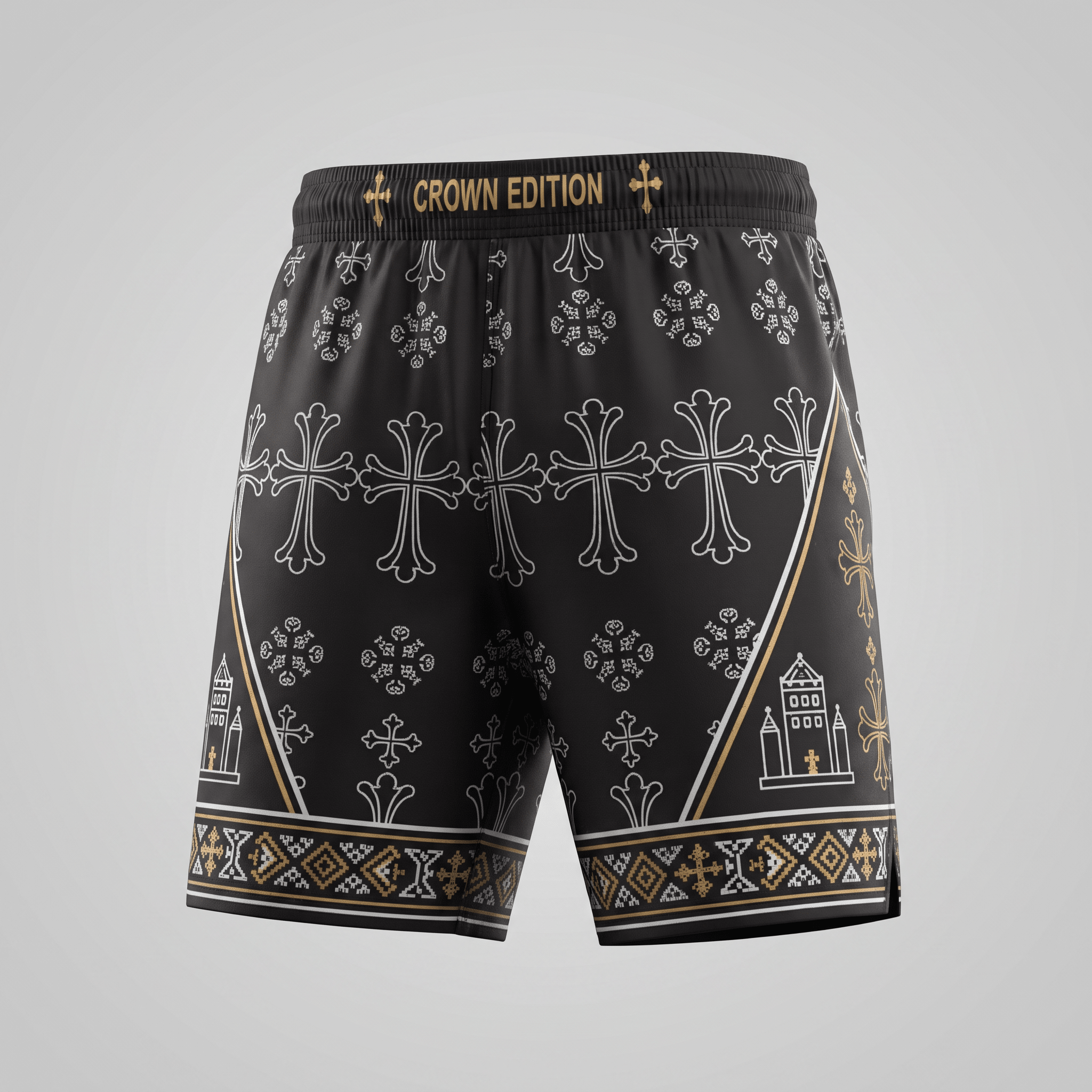 Black athletic shorts featuring a white cross pattern and gold Crown Edition waistband text.