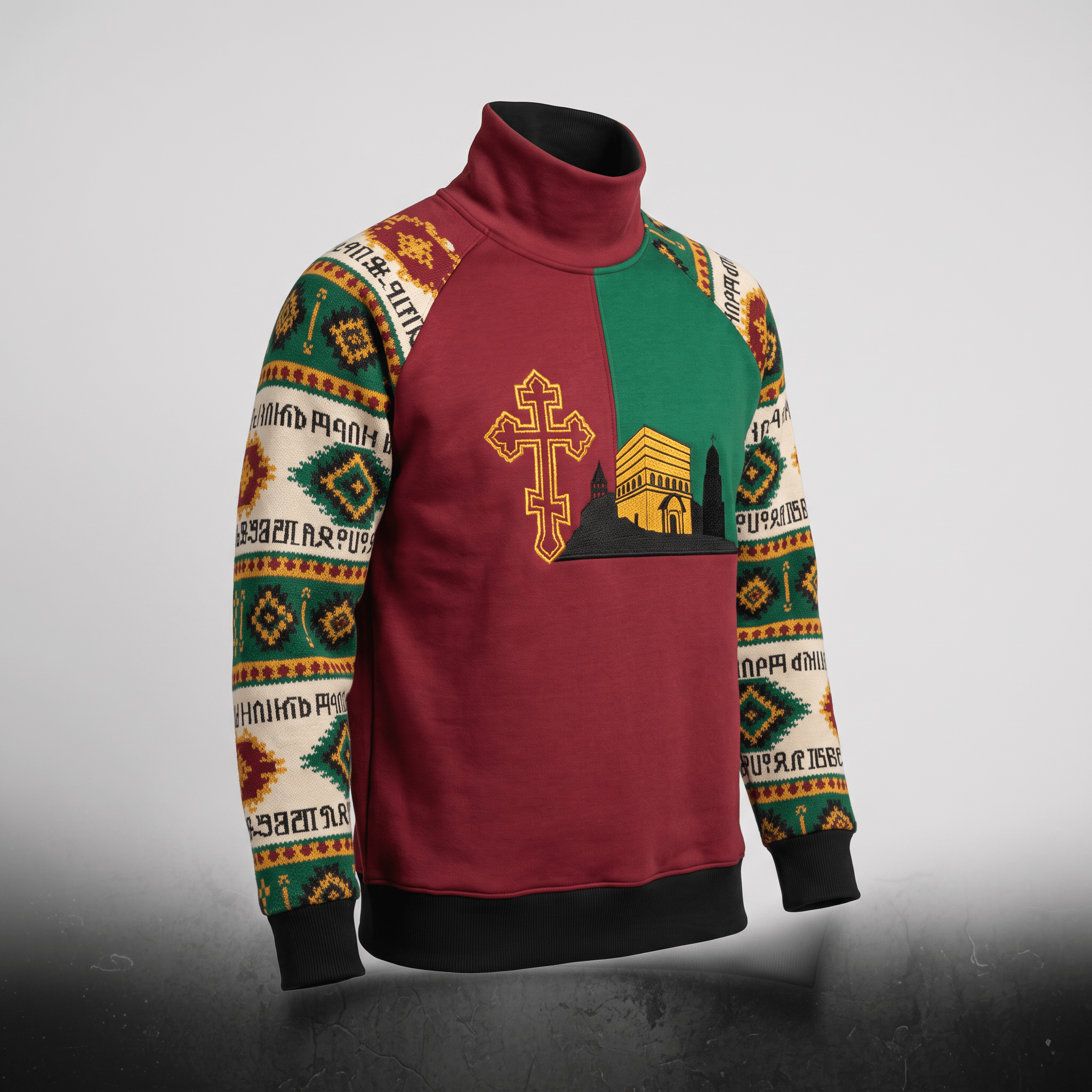 Maroon and green turtleneck sweatshirt featuring an embroidered cross, church building, and patterned sleeves.