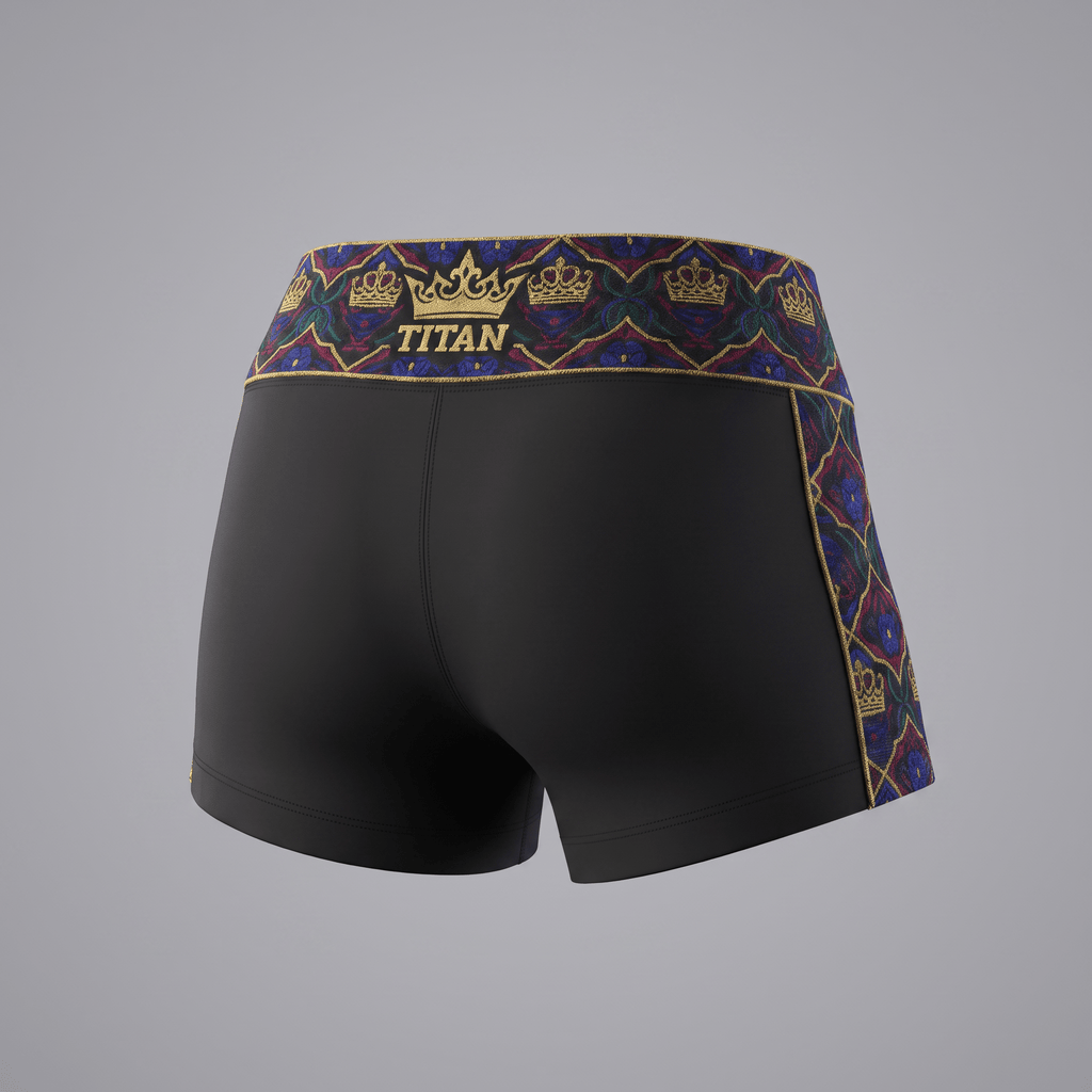 Back view of black athletic shorts with gold Titan crown branding and blue red and gold patterned trim.