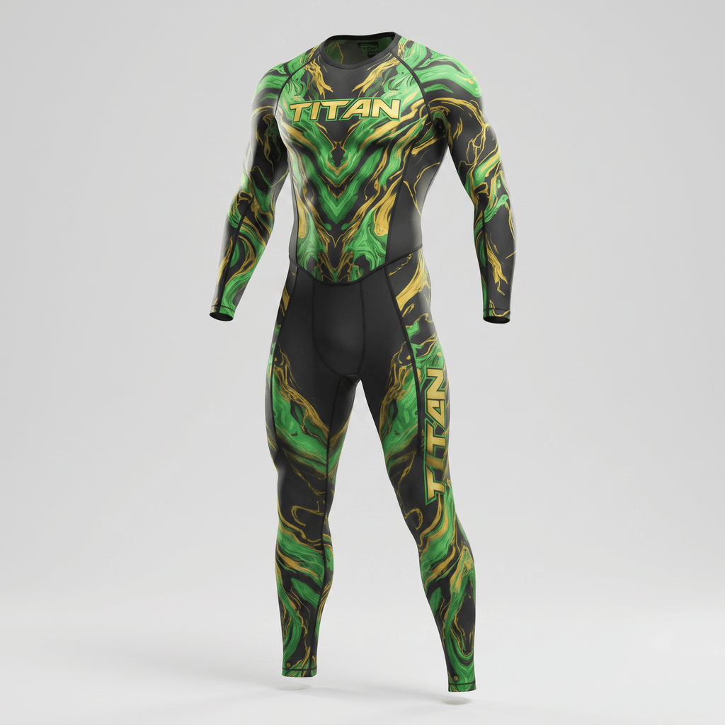 Titan long sleeve rash guard and leggings set in black with green and gold swirled marble pattern.