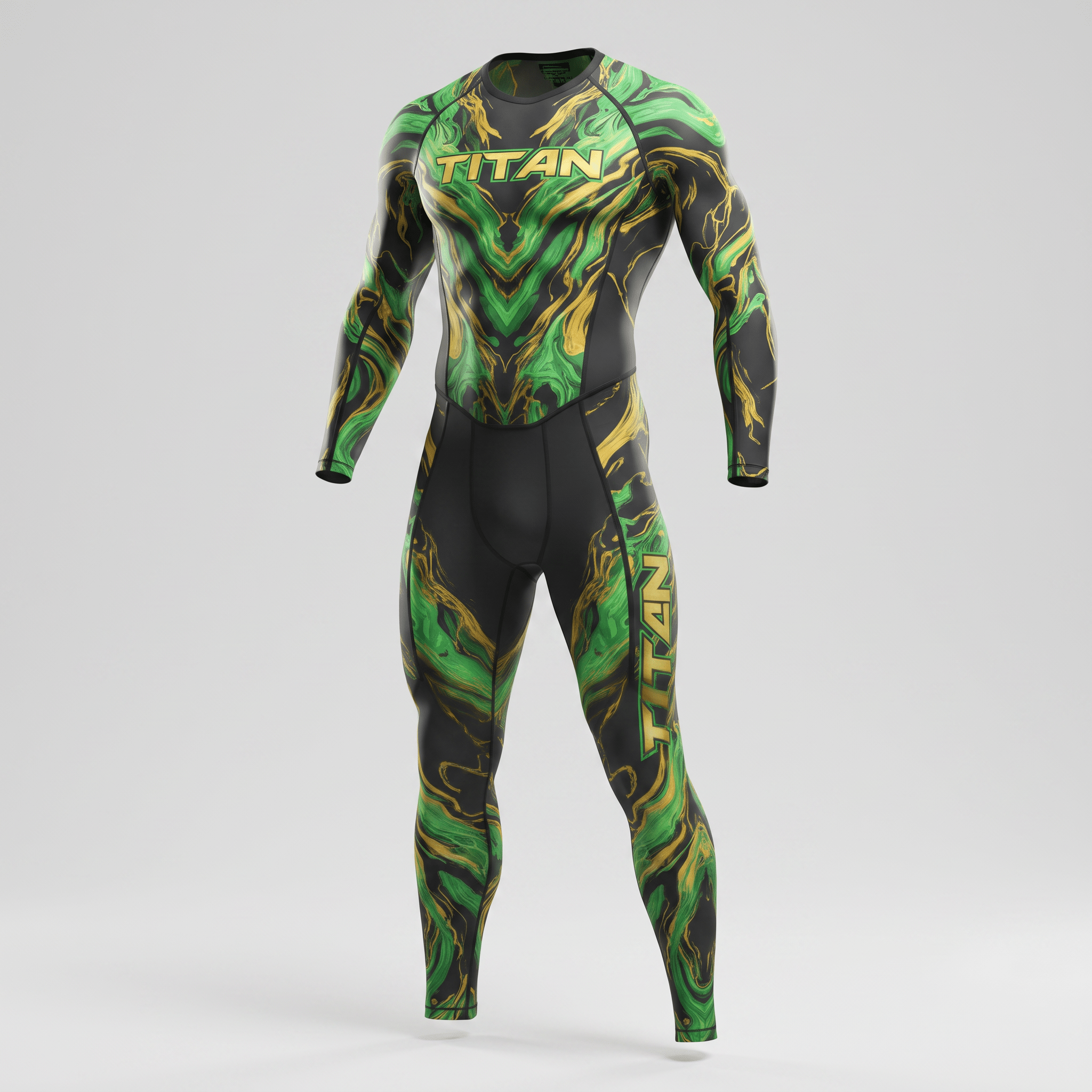 Titan long sleeve rash guard and leggings set in black with green and gold swirled marble pattern.