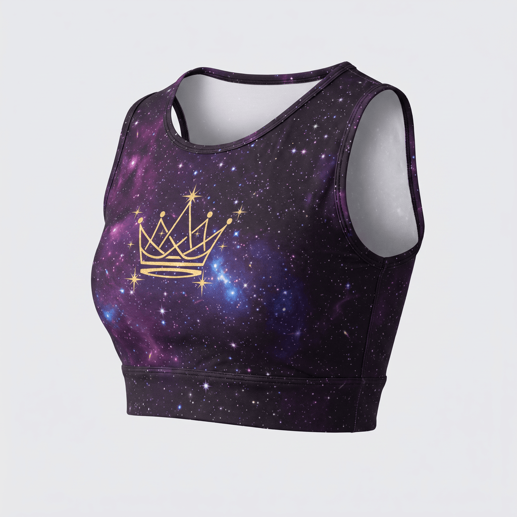 Purple galaxy print athletic crop top featuring a gold crown graphic on the front.